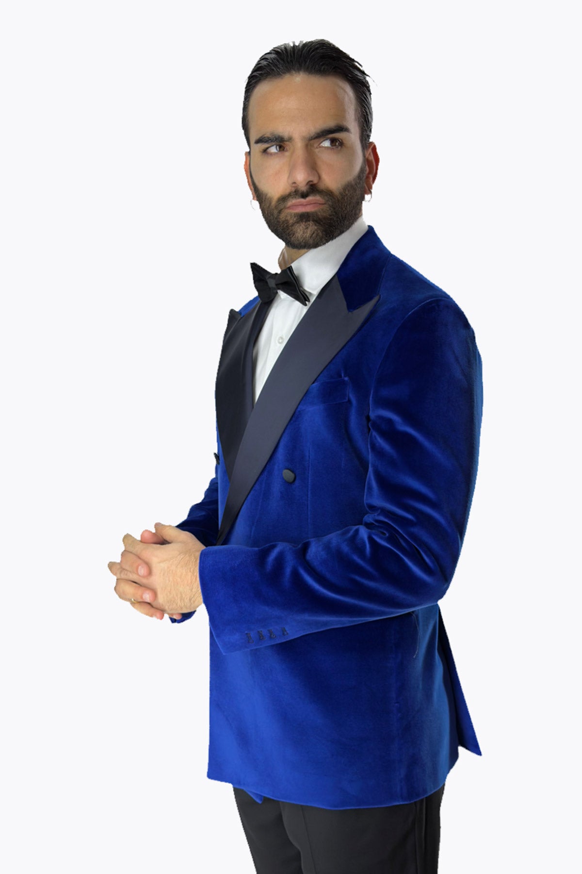 Giacca uomo Doppiopetto royal blu in velluto liscio Holland & Sherry con rever a lancia largo