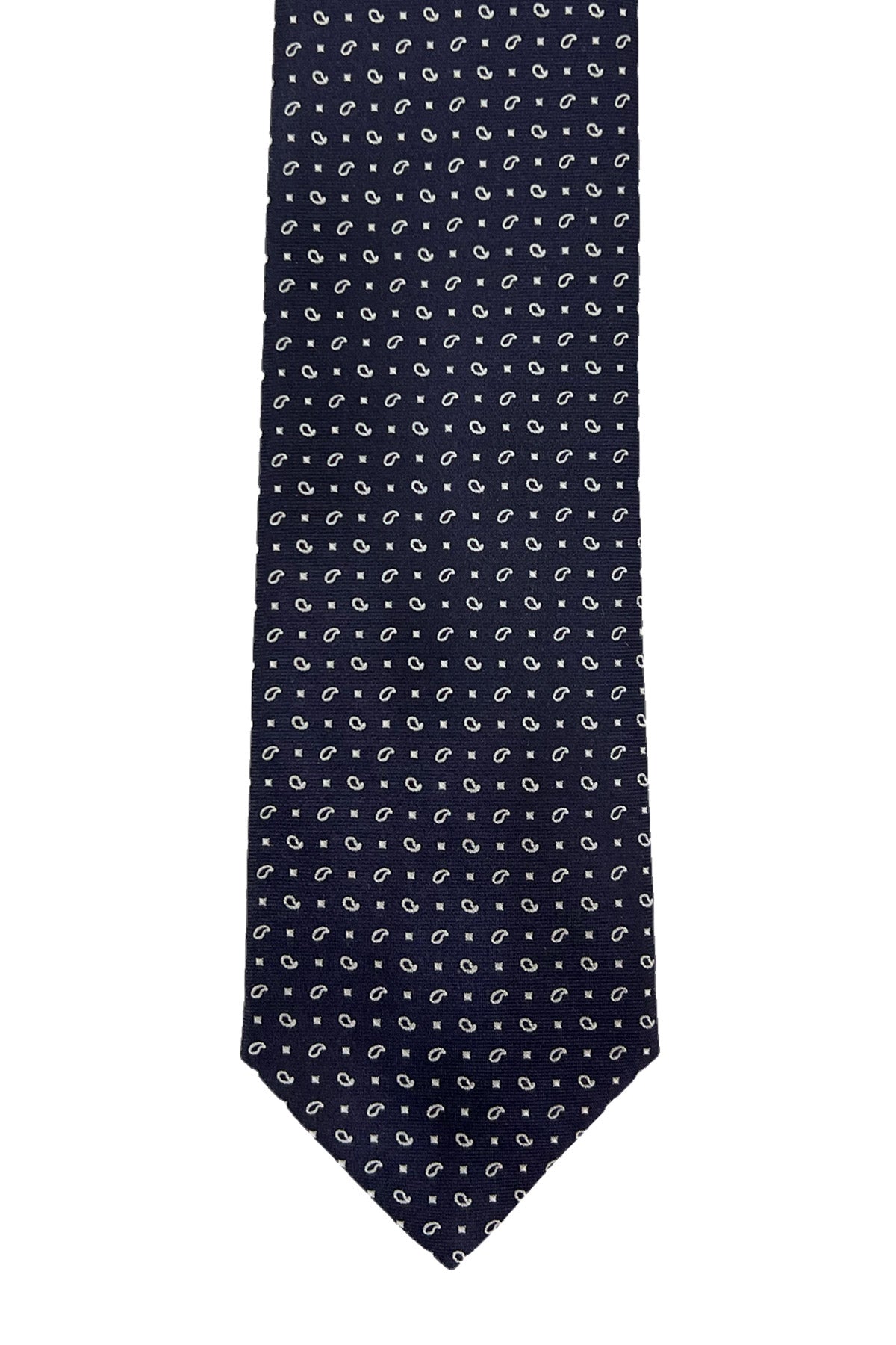 Cravatta uomo blu 9cm fantasia goccia e quadri bianchi piccoli da cerimonia elegante pura seta