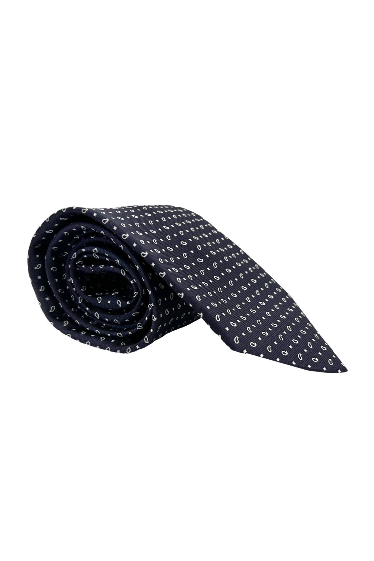 Cravatta uomo blu 9cm fantasia goccia e quadri bianchi piccoli da cerimonia elegante pura seta