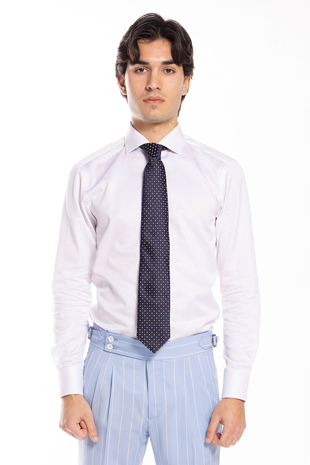 Cravatta uomo blu 9cm fantasia quadro con pois all interno da cerimonia elegante pura seta