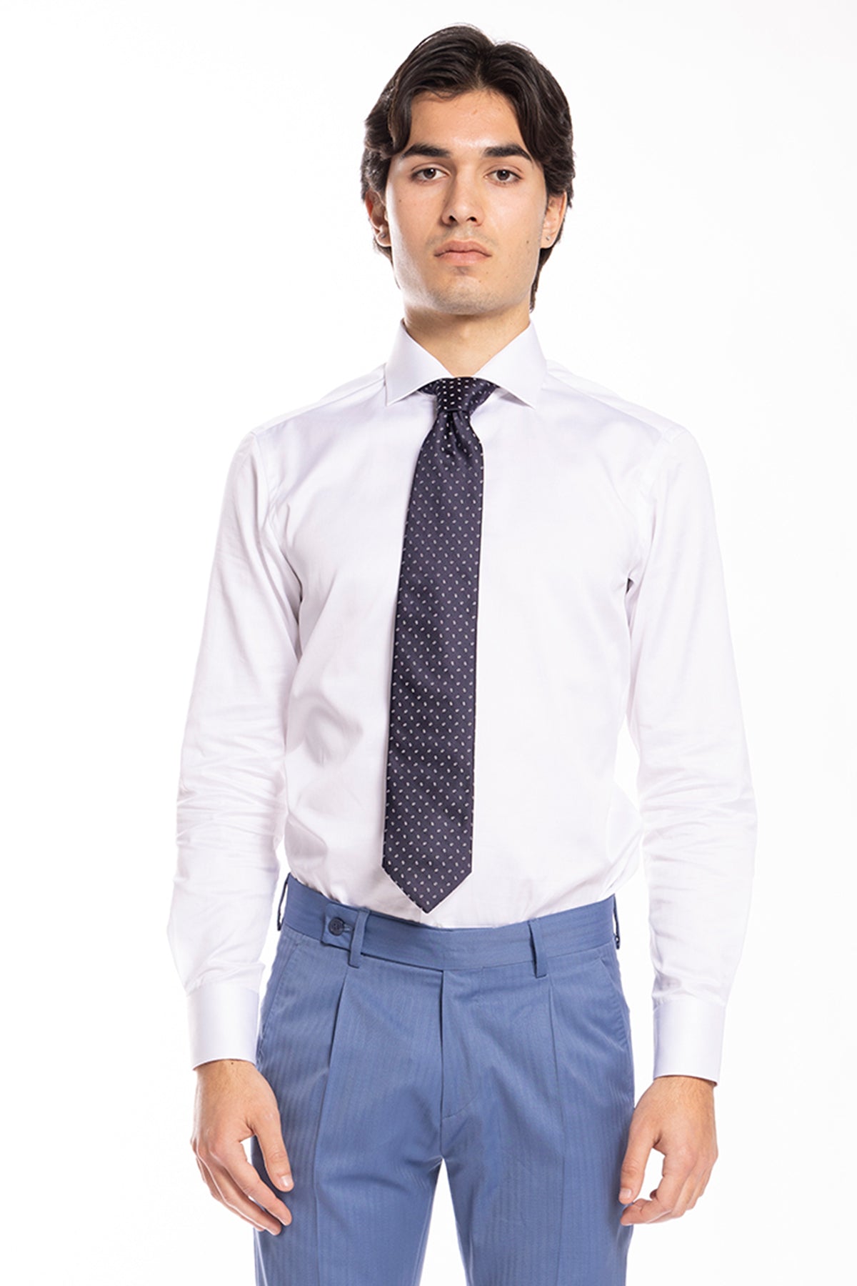Cravatta uomo blu 9cm fantasia goccia bianca da cerimonia elegante pura seta