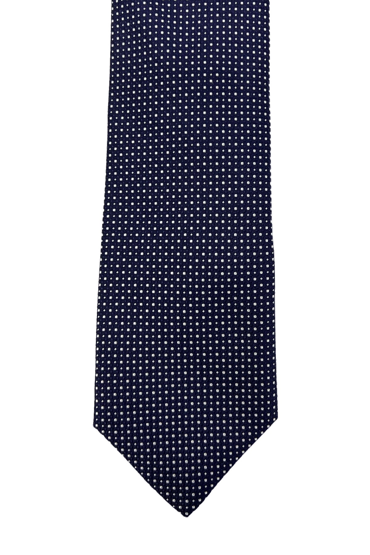Cravatta uomo blu 9cm fantasia quadretti e pois piccoli da cerimonia elegante pura seta
