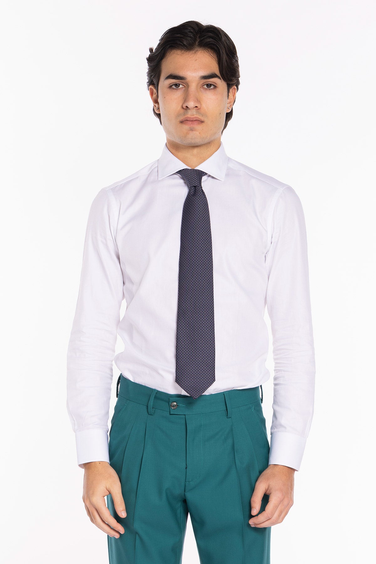 Cravatta uomo blu 9cm fantasia quadretti e pois piccoli da cerimonia elegante pura seta