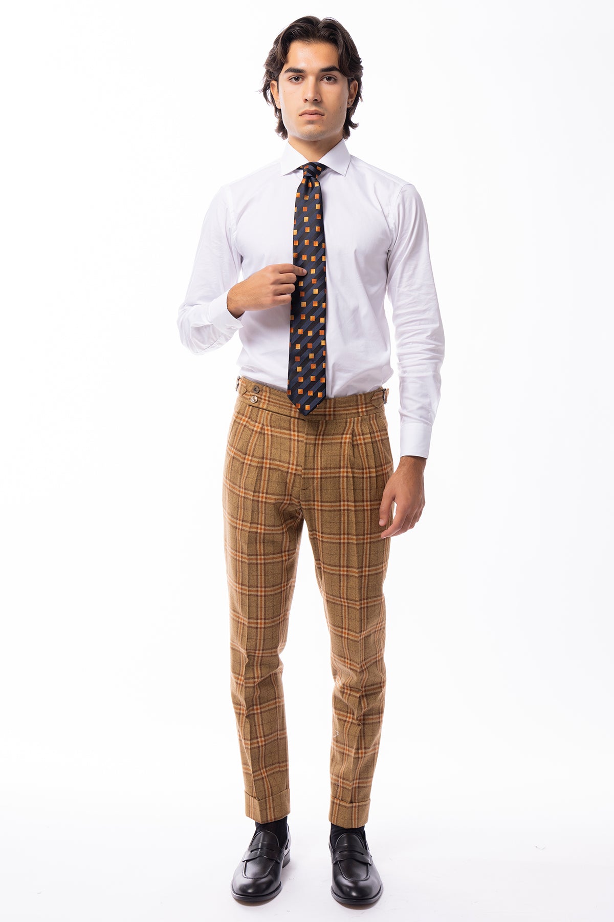 Pantalone uomo senape a quadri in lana e cashmere vita alta fibbie laterali e risvolto 5cm Vitale Barberis Canonico