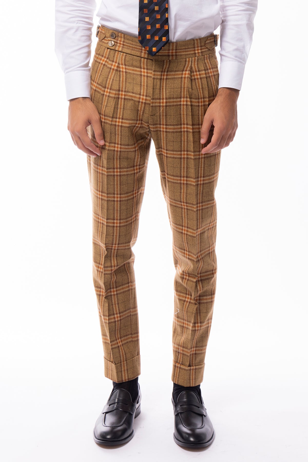 Pantalone uomo senape a quadri in lana e cashmere vita alta fibbie laterali e risvolto 5cm Vitale Barberis Canonico