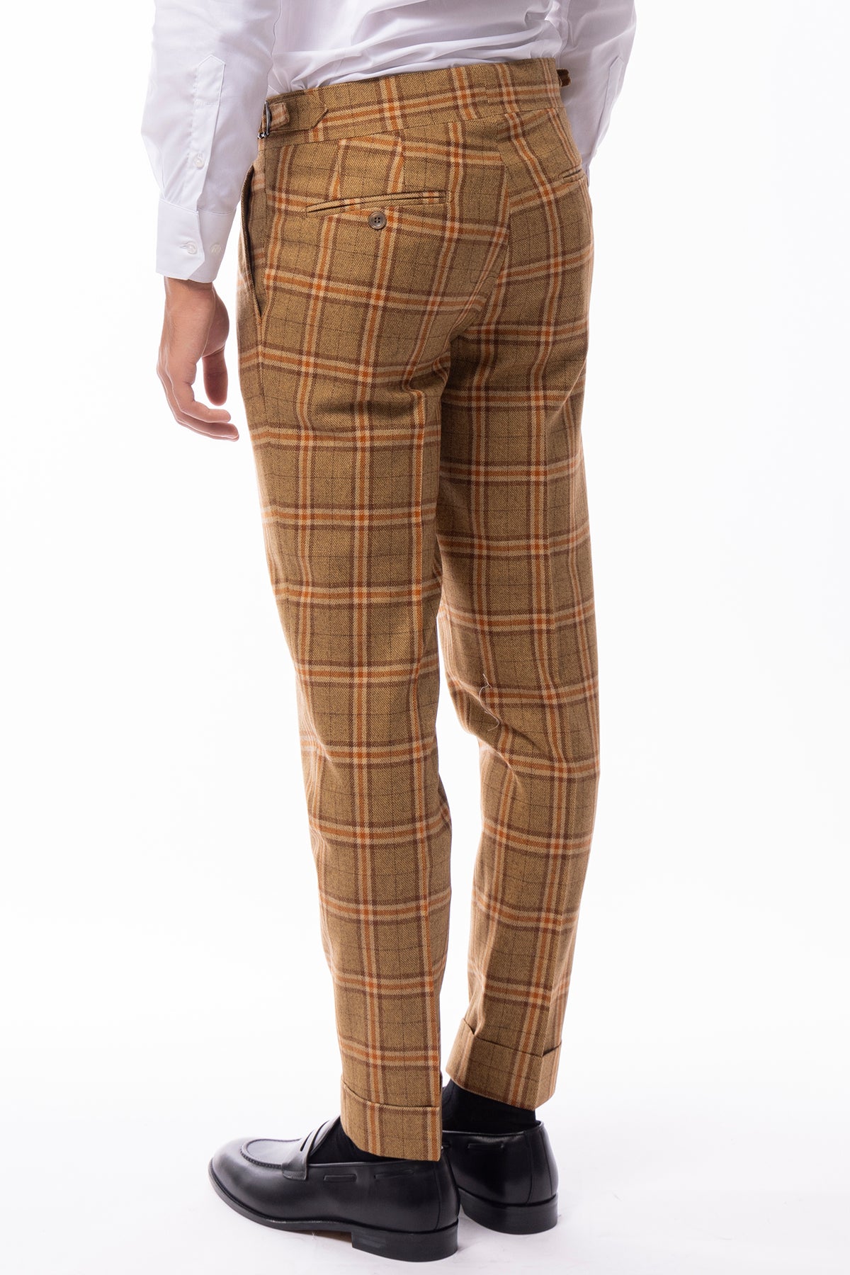 Pantalone uomo senape a quadri in lana e cashmere vita alta fibbie laterali e risvolto 5cm Vitale Barberis Canonico
