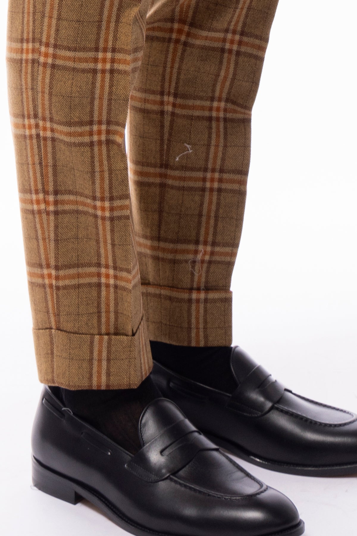 Pantalone uomo senape a quadri in lana e cashmere vita alta fibbie laterali e risvolto 5cm Vitale Barberis Canonico