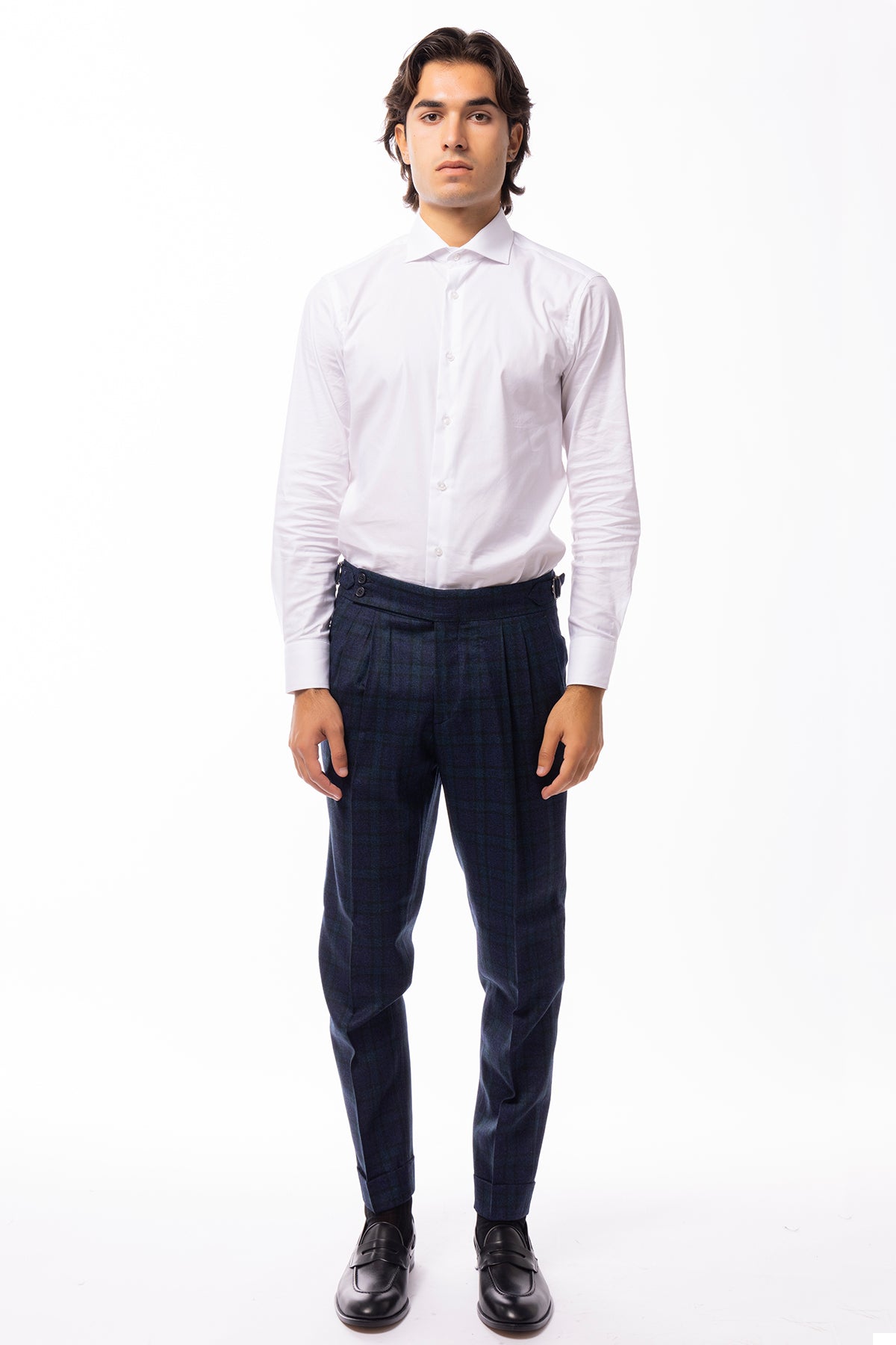 Pantalone uomo Blu a quadri 100% lana vita alta fibbie laterali e risvolto 5cm Bristol Tessuto Napoli