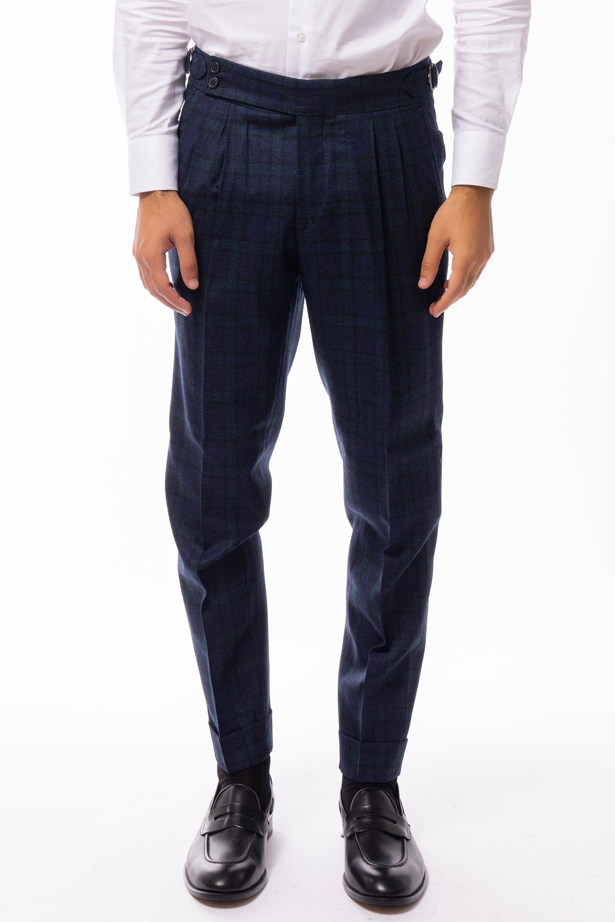 Pantalone uomo Blu a quadri 100% lana vita alta fibbie laterali e risvolto 5cm Bristol Tessuto Napoli