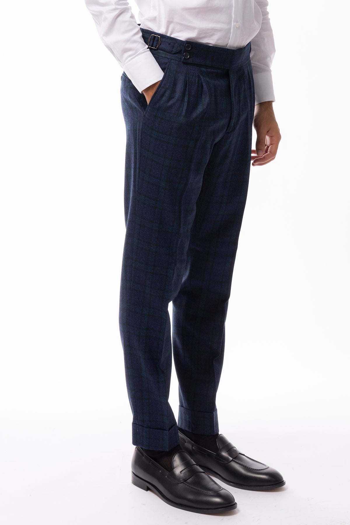 Pantalone uomo Blu a quadri 100% lana vita alta fibbie laterali e risvolto 5cm Bristol Tessuto Napoli