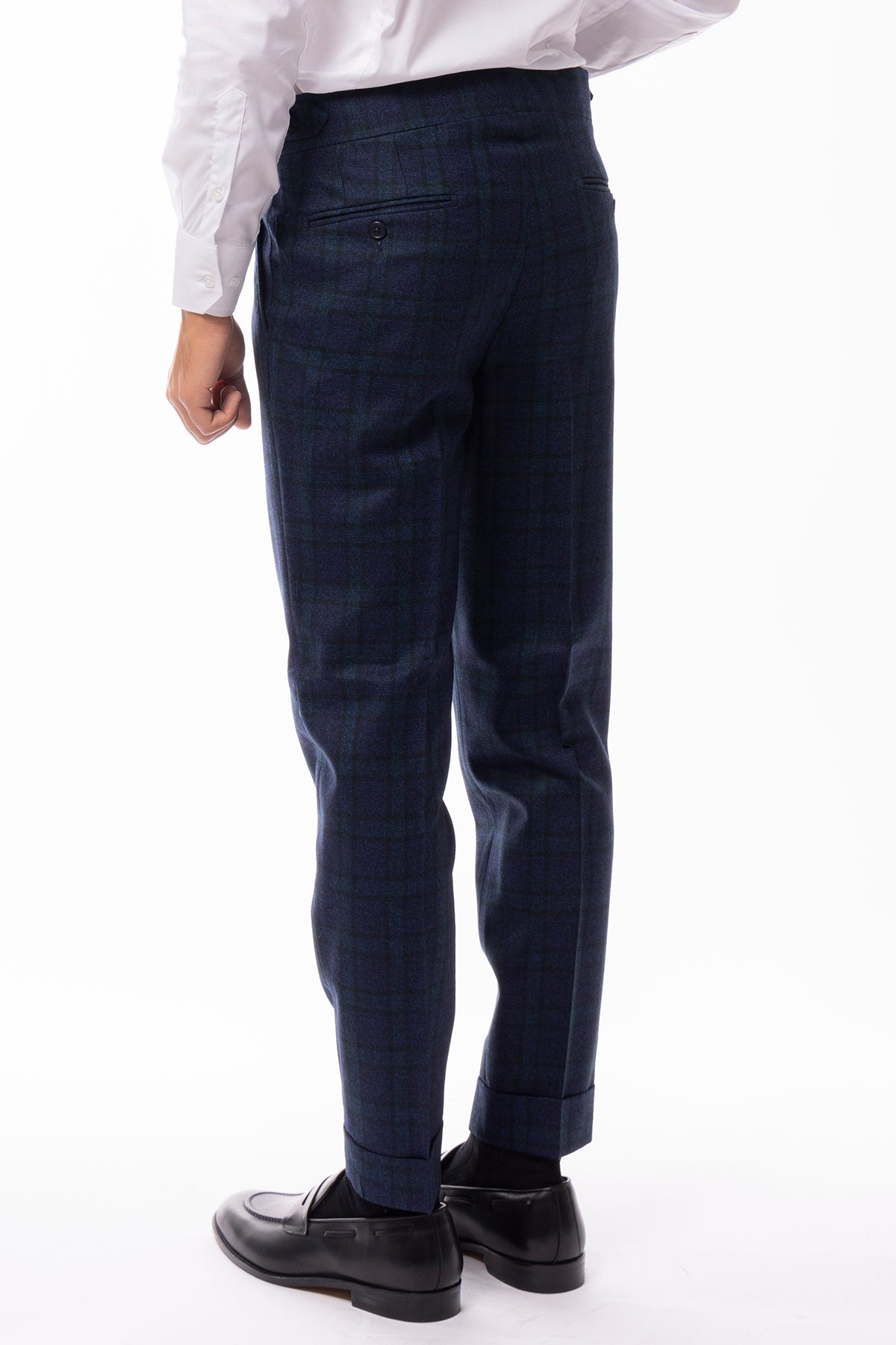 Pantalone uomo Blu a quadri 100% lana vita alta fibbie laterali e risvolto 5cm Bristol Tessuto Napoli