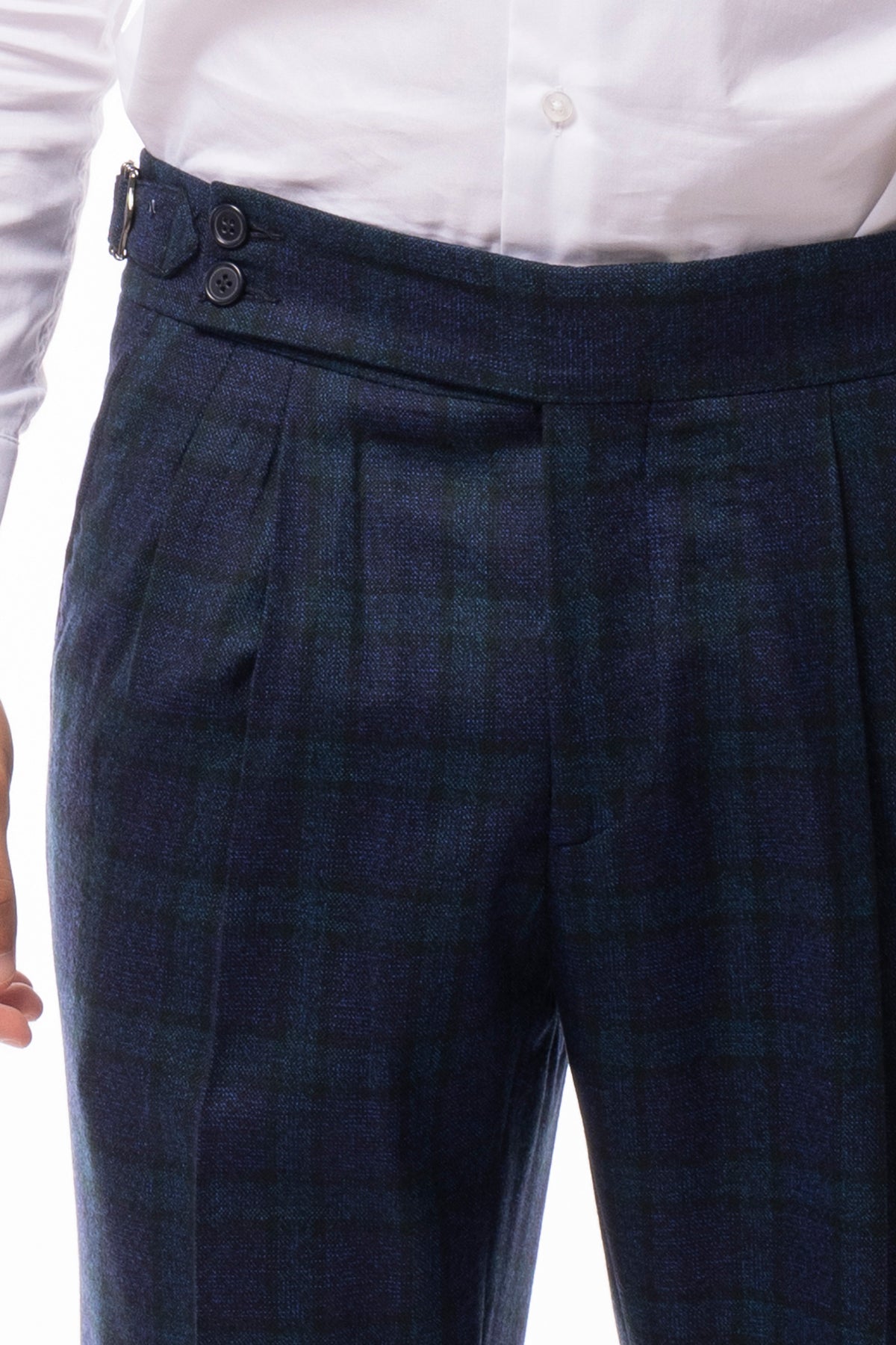 Pantalone uomo Blu a quadri 100% lana vita alta fibbie laterali e risvolto 5cm Bristol Tessuto Napoli