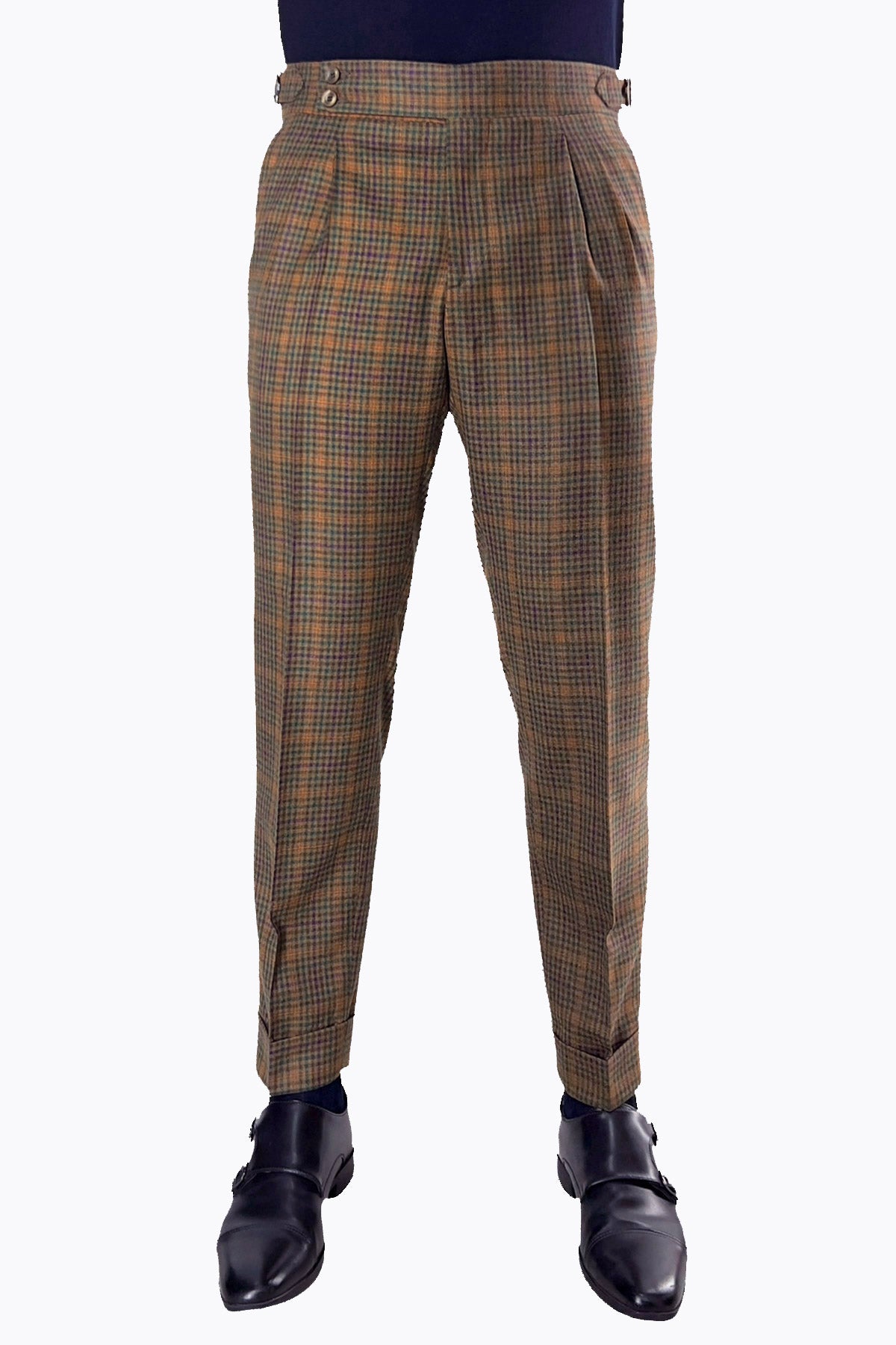 Pantalone uomo fango a quadri 100% lana vita alta fibbie laterali e risvolto 5cm Holland & Sherry