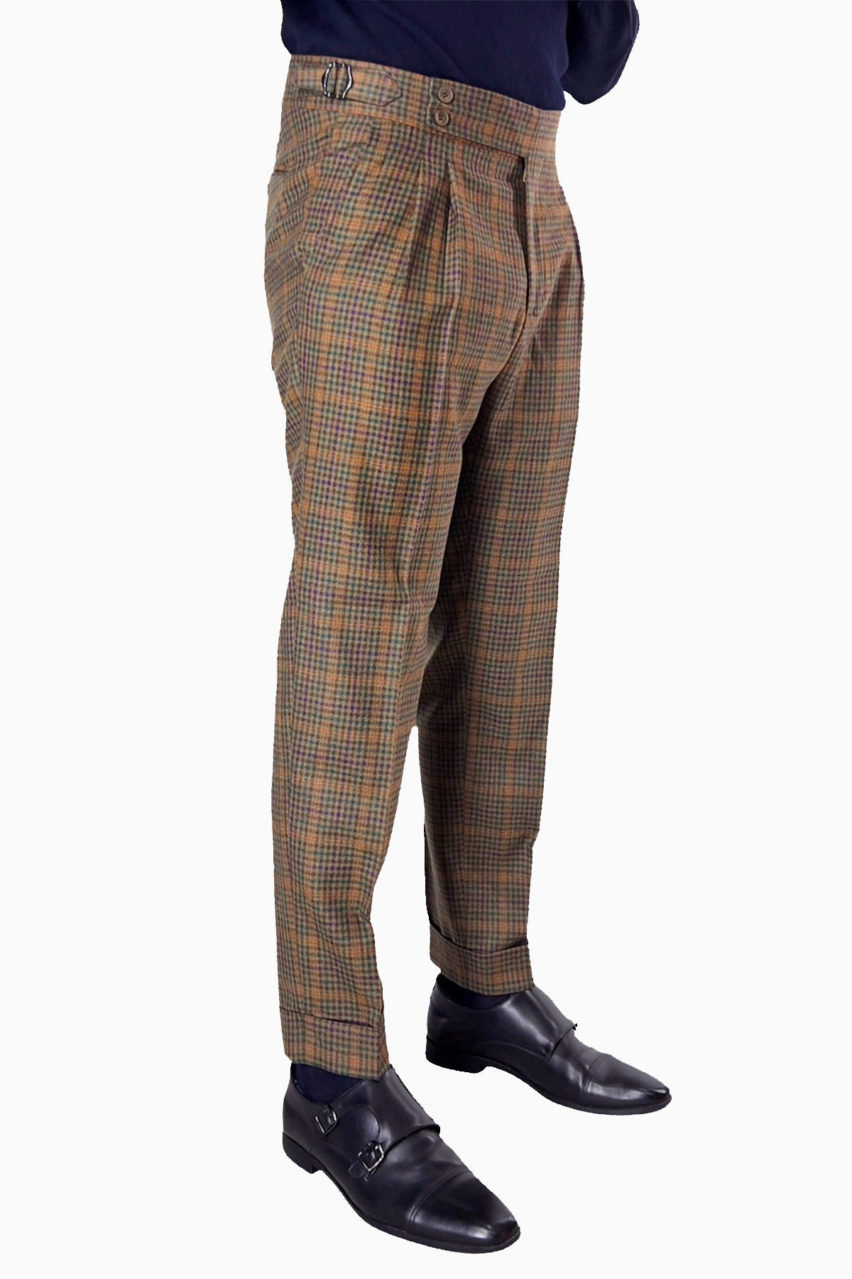 Pantalone uomo fango a quadri 100% lana vita alta fibbie laterali e risvolto 5cm Holland & Sherry
