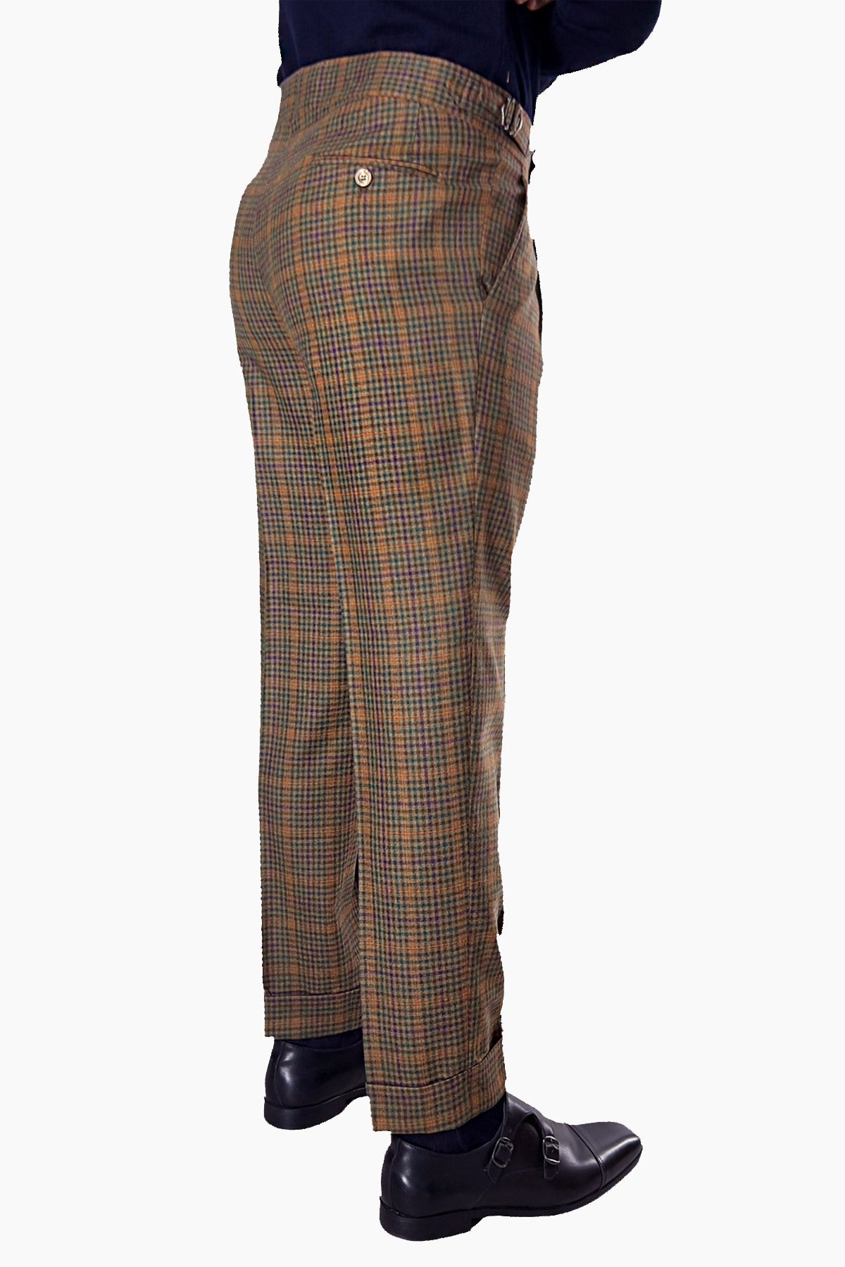 Pantalone uomo fango a quadri 100% lana vita alta fibbie laterali e risvolto 5cm Holland & Sherry