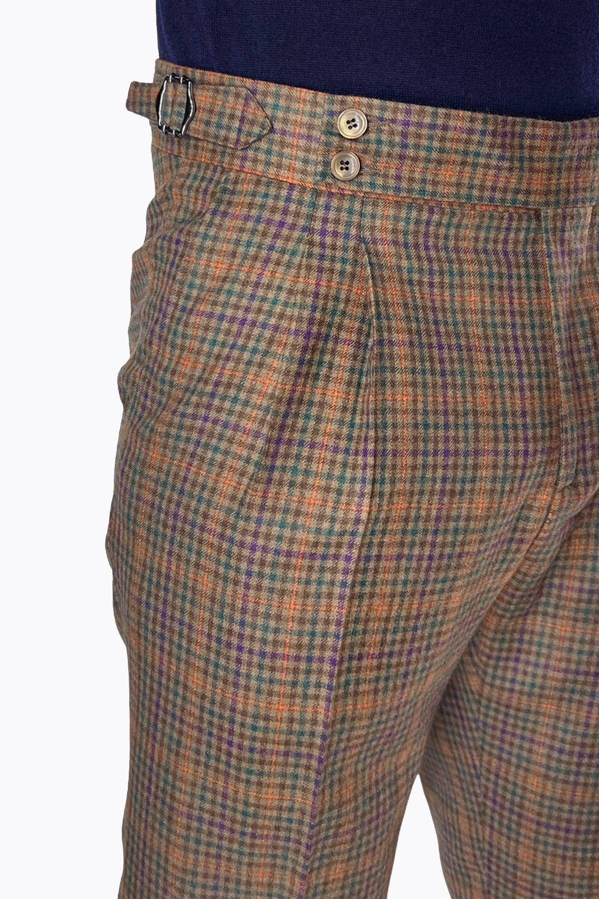 Pantalone uomo fango a quadri 100% lana vita alta fibbie laterali e risvolto 5cm Holland & Sherry