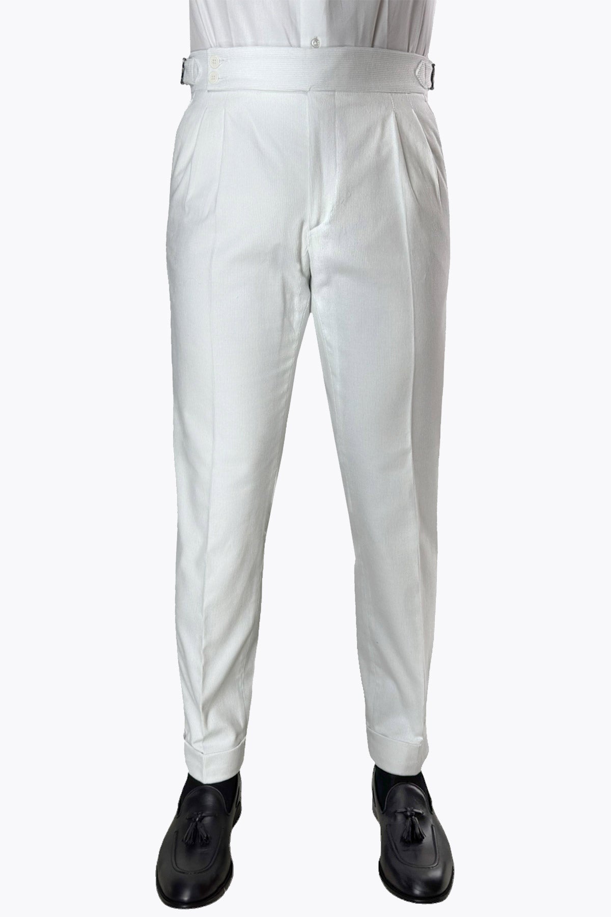 Pantalone uomo bianco vita alta doppia pinces in velluto a costine strette