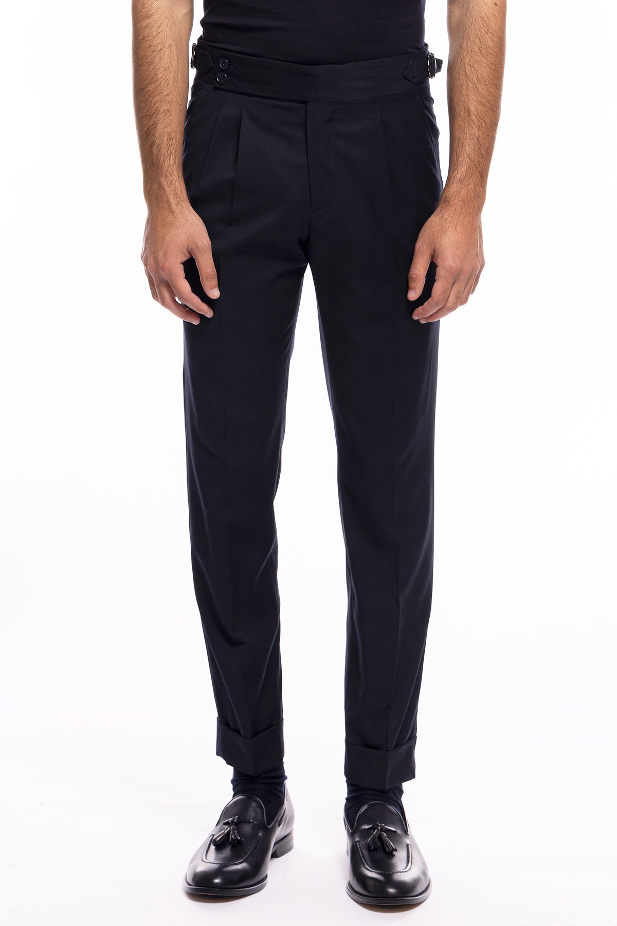 Pantalone uomo blu vita alta doppia pinces effetto fresco lana