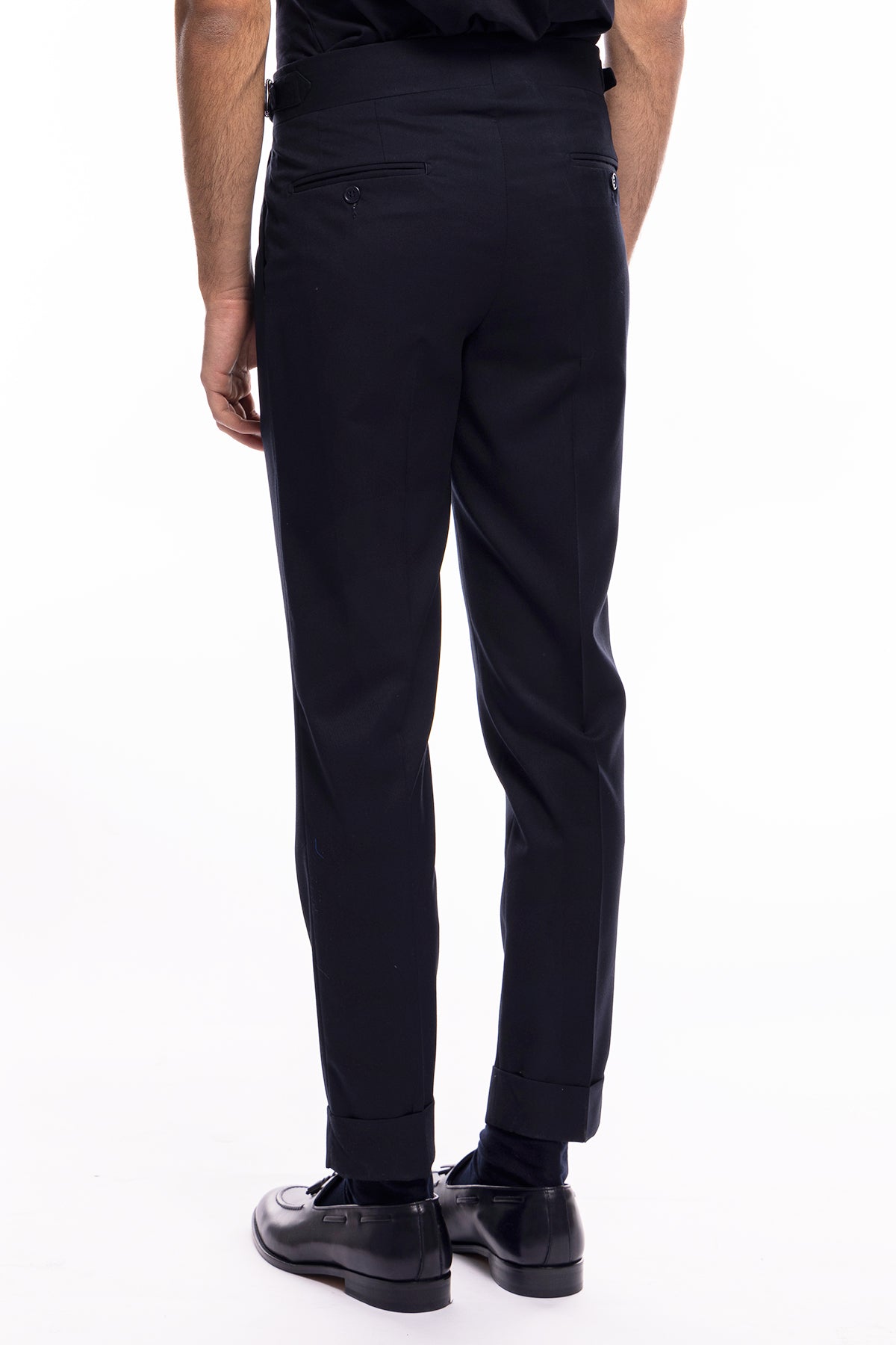 Pantalone uomo blu vita alta doppia pinces effetto fresco lana