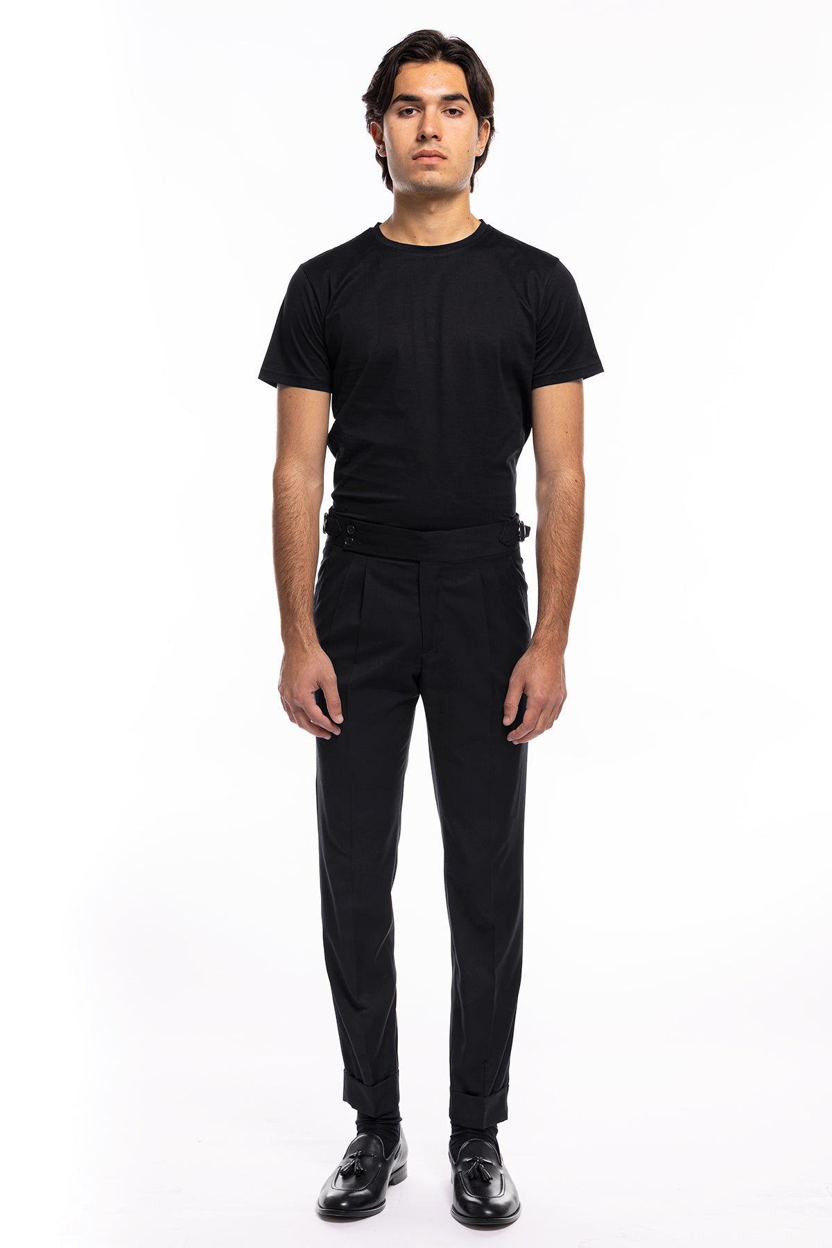 Pantalone uomo nero vita alta doppia pinces in fresco lana misto