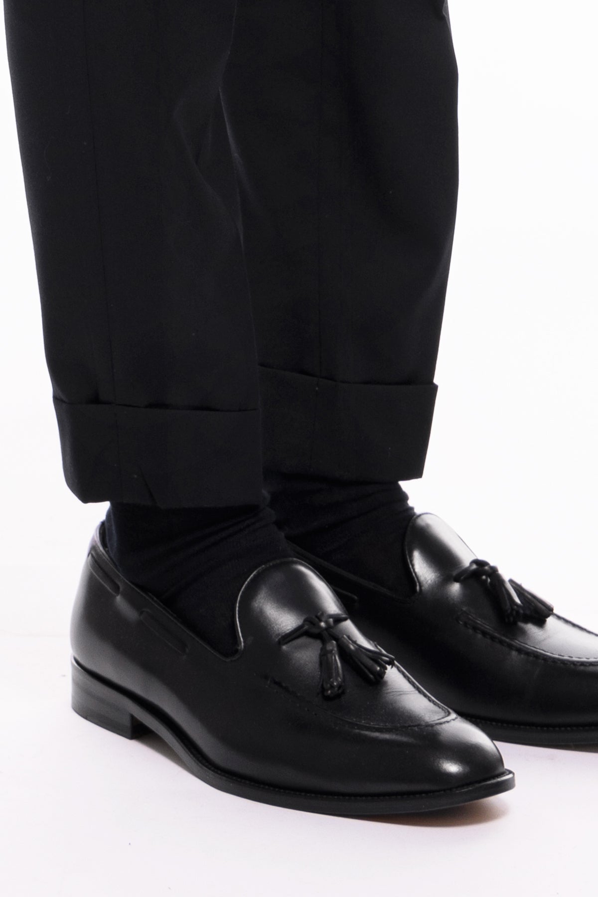 Pantalone uomo nero vita alta doppia pinces in fresco lana misto