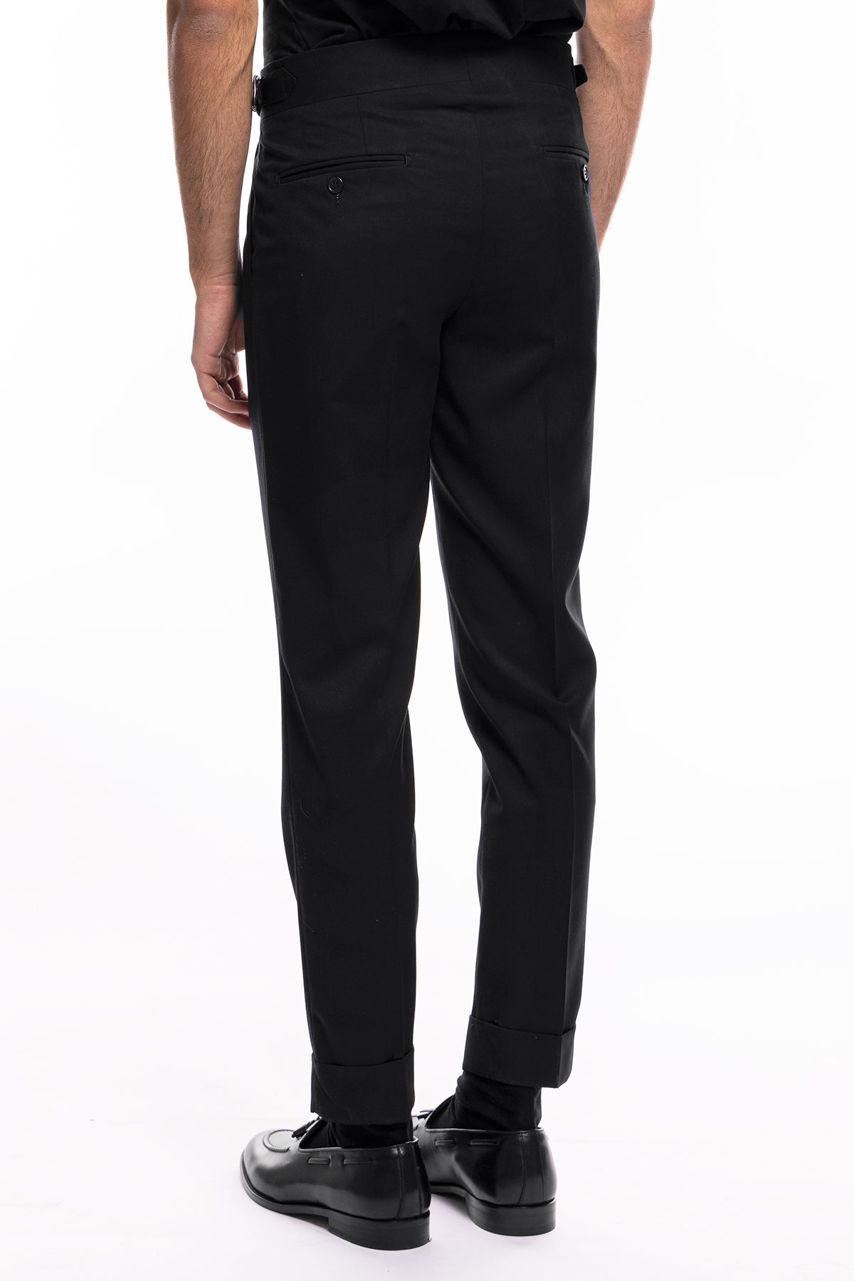 Pantalone uomo nero vita alta doppia pinces in fresco lana misto