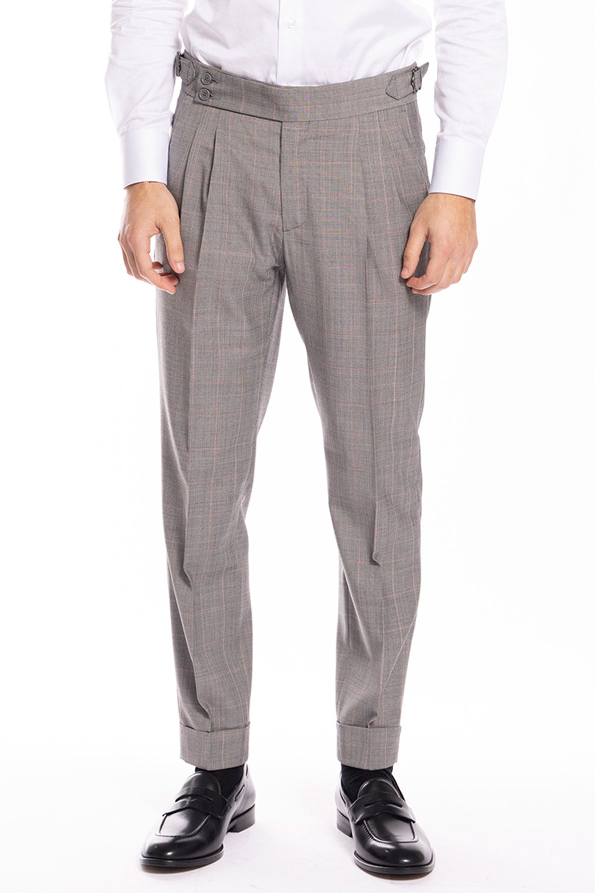Pantalone uomo grigio a quadri fresco lana vita alta fibbie laterali e risvolto 5cm Holland & Sherry
