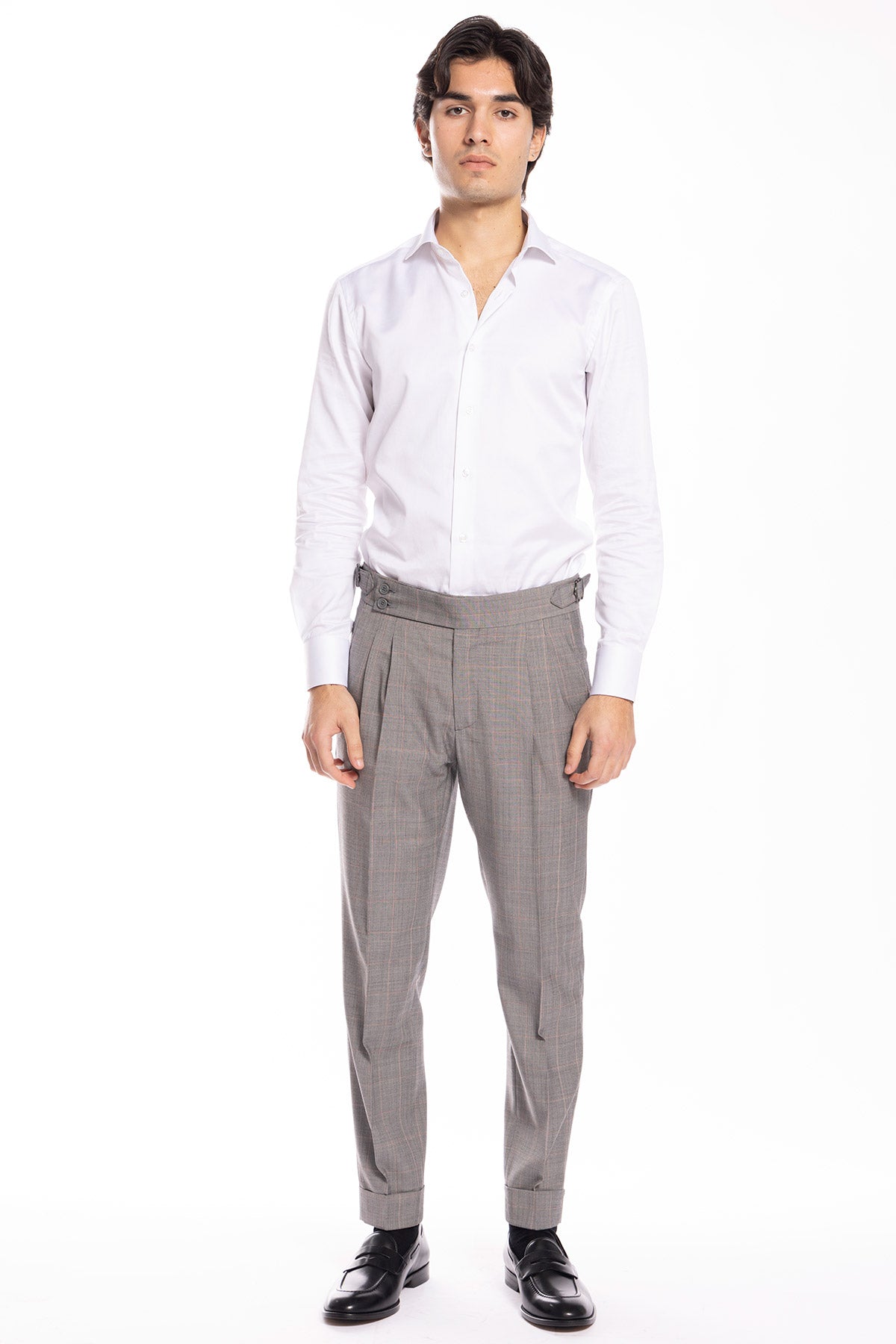 Pantalone uomo grigio a quadri fresco lana vita alta fibbie laterali e risvolto 5cm Holland & Sherry