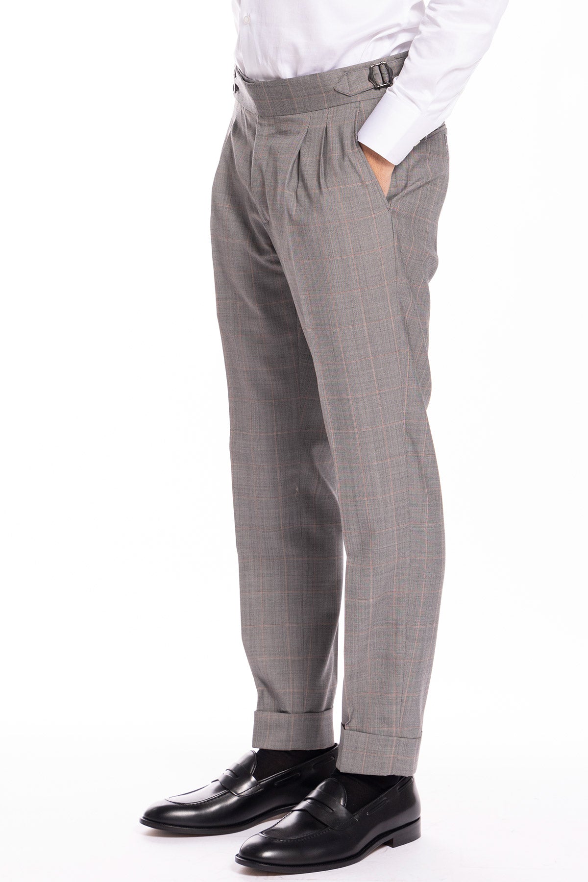 Pantalone uomo grigio a quadri fresco lana vita alta fibbie laterali e risvolto 5cm Holland & Sherry