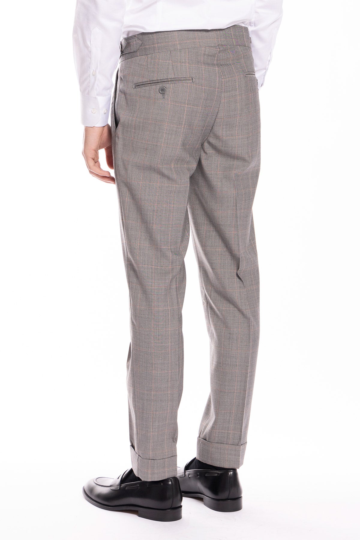 Pantalone uomo grigio a quadri fresco lana vita alta fibbie laterali e risvolto 5cm Holland & Sherry