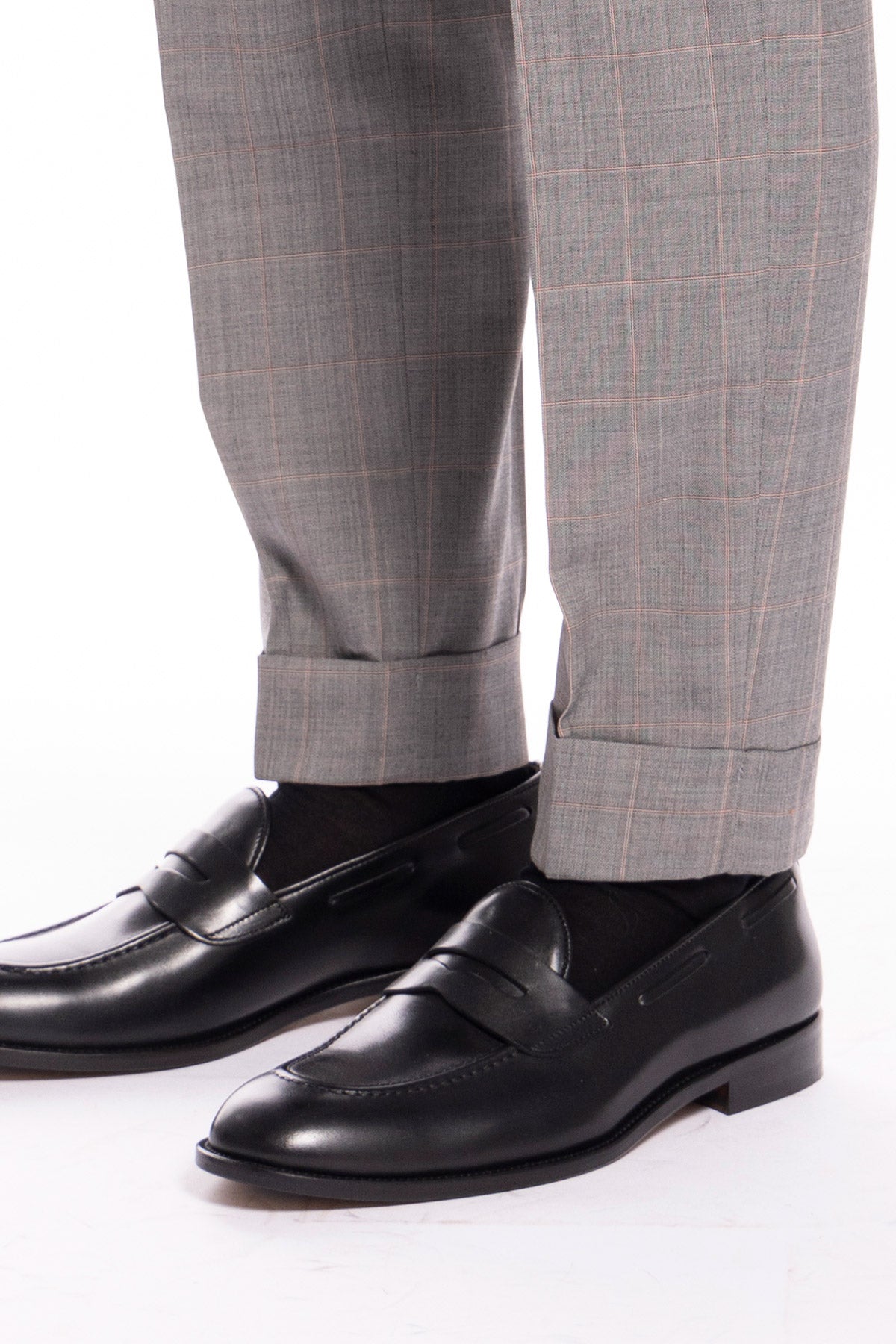 Pantalone uomo grigio a quadri fresco lana vita alta fibbie laterali e risvolto 5cm Holland & Sherry