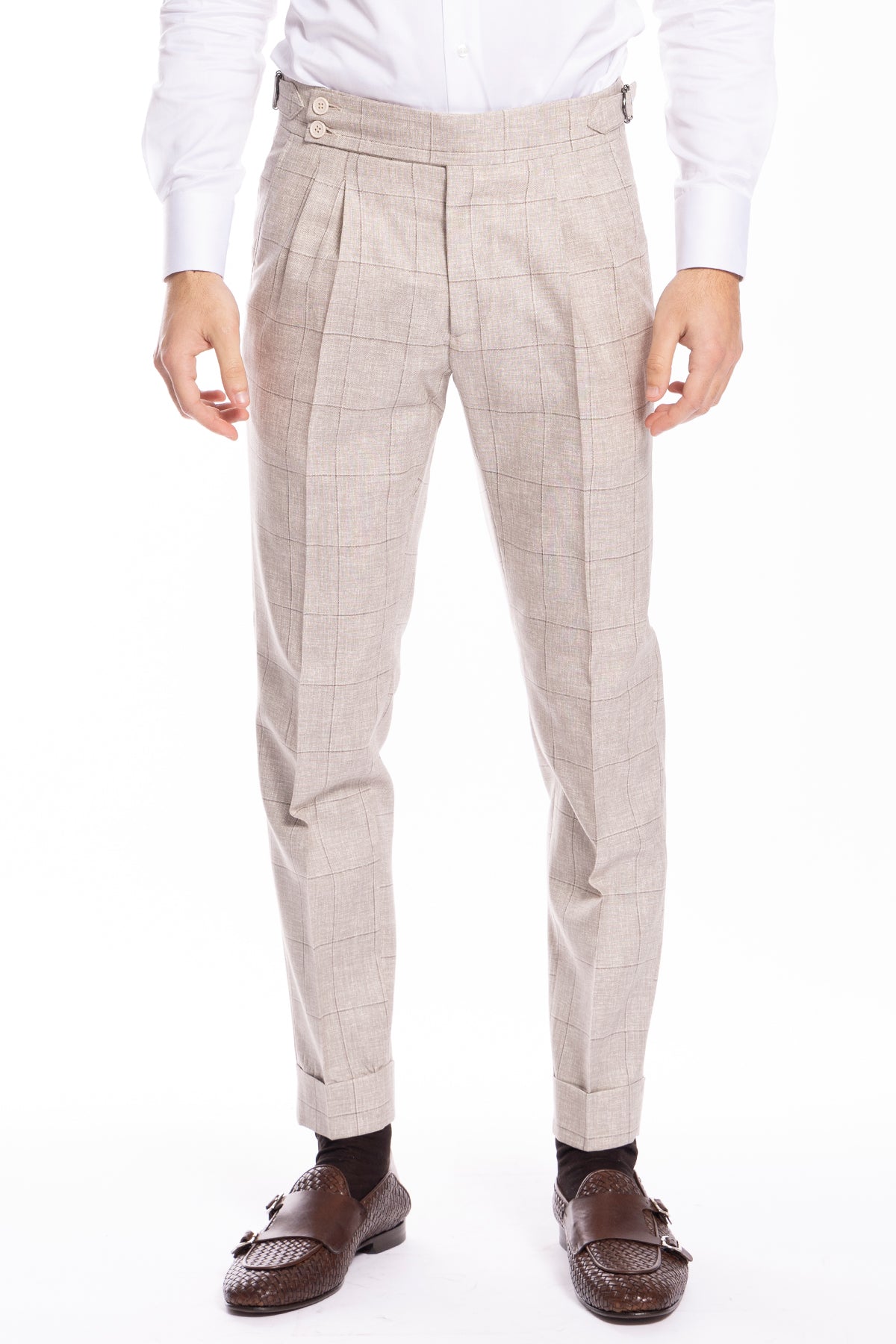 Pantalone uomo  beige fantasia quadri fresco lana super 130's vita alta fibbie laterali e risvolto 5cm Vitale Barberis Canonico