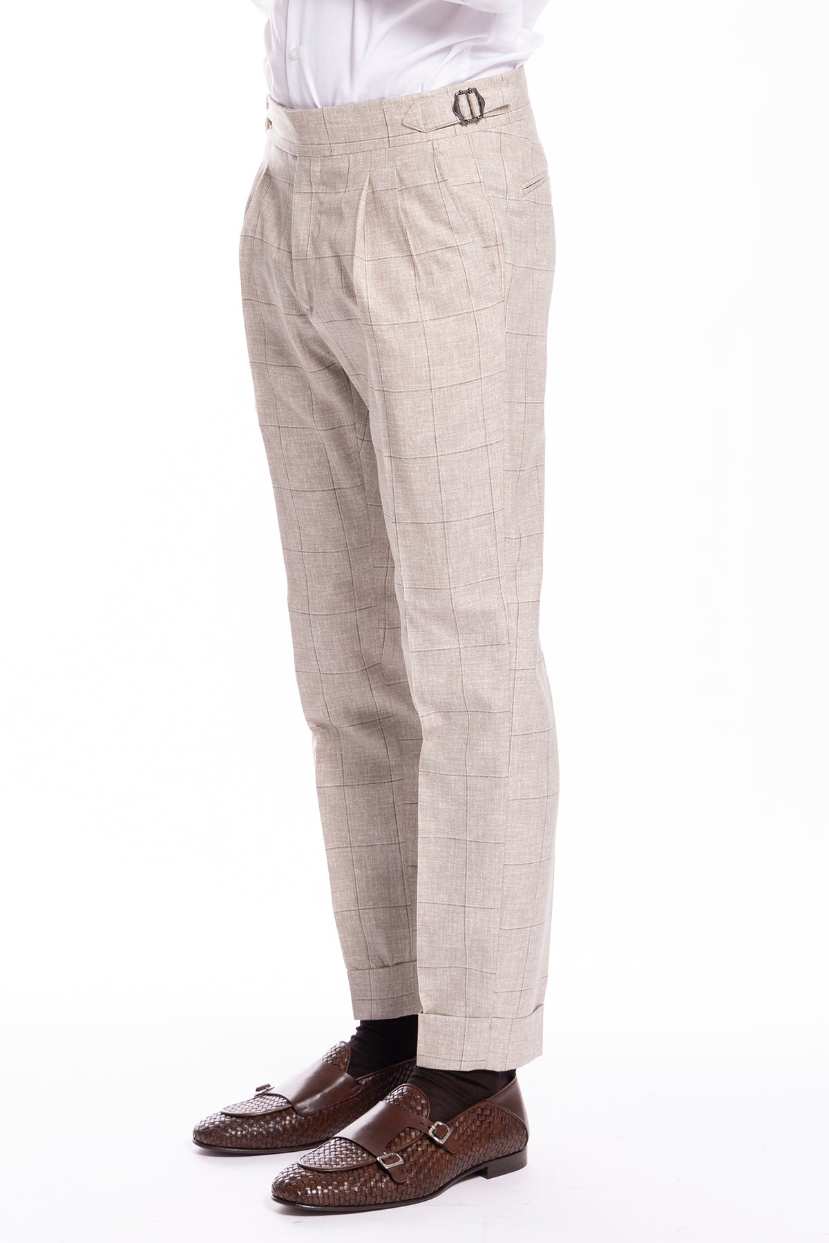 Pantalone uomo  beige fantasia quadri fresco lana super 130's vita alta fibbie laterali e risvolto 5cm Vitale Barberis Canonico