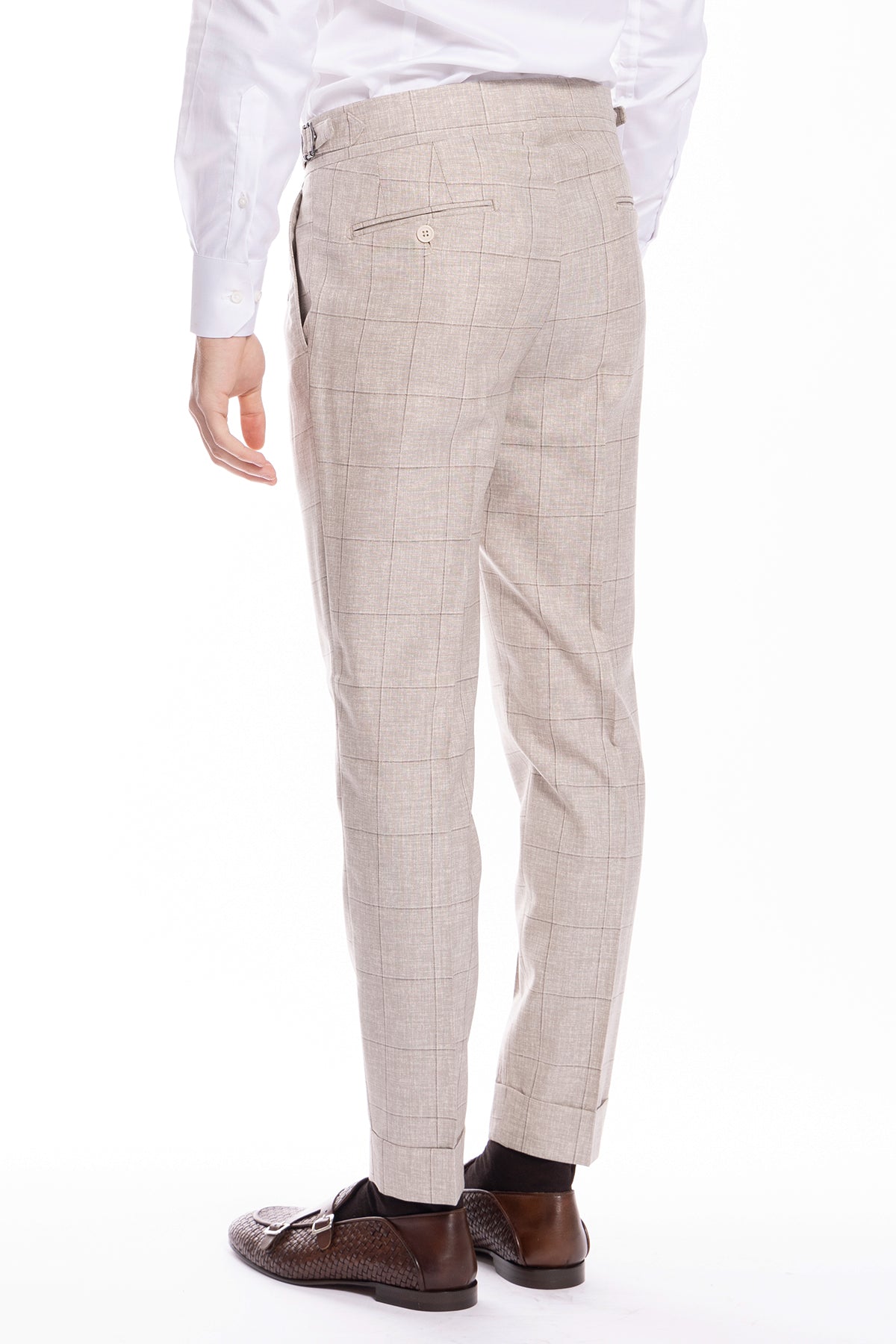 Pantalone uomo  beige fantasia quadri fresco lana super 130's vita alta fibbie laterali e risvolto 5cm Vitale Barberis Canonico