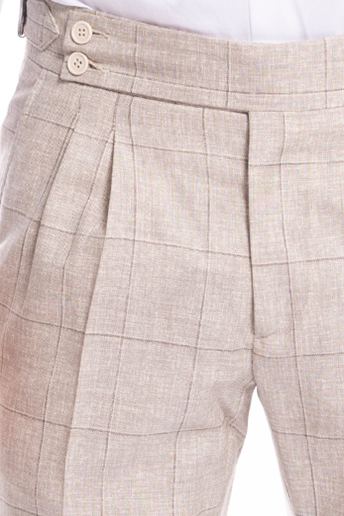 Pantalone uomo  beige fantasia quadri fresco lana super 130's vita alta fibbie laterali e risvolto 5cm Vitale Barberis Canonico