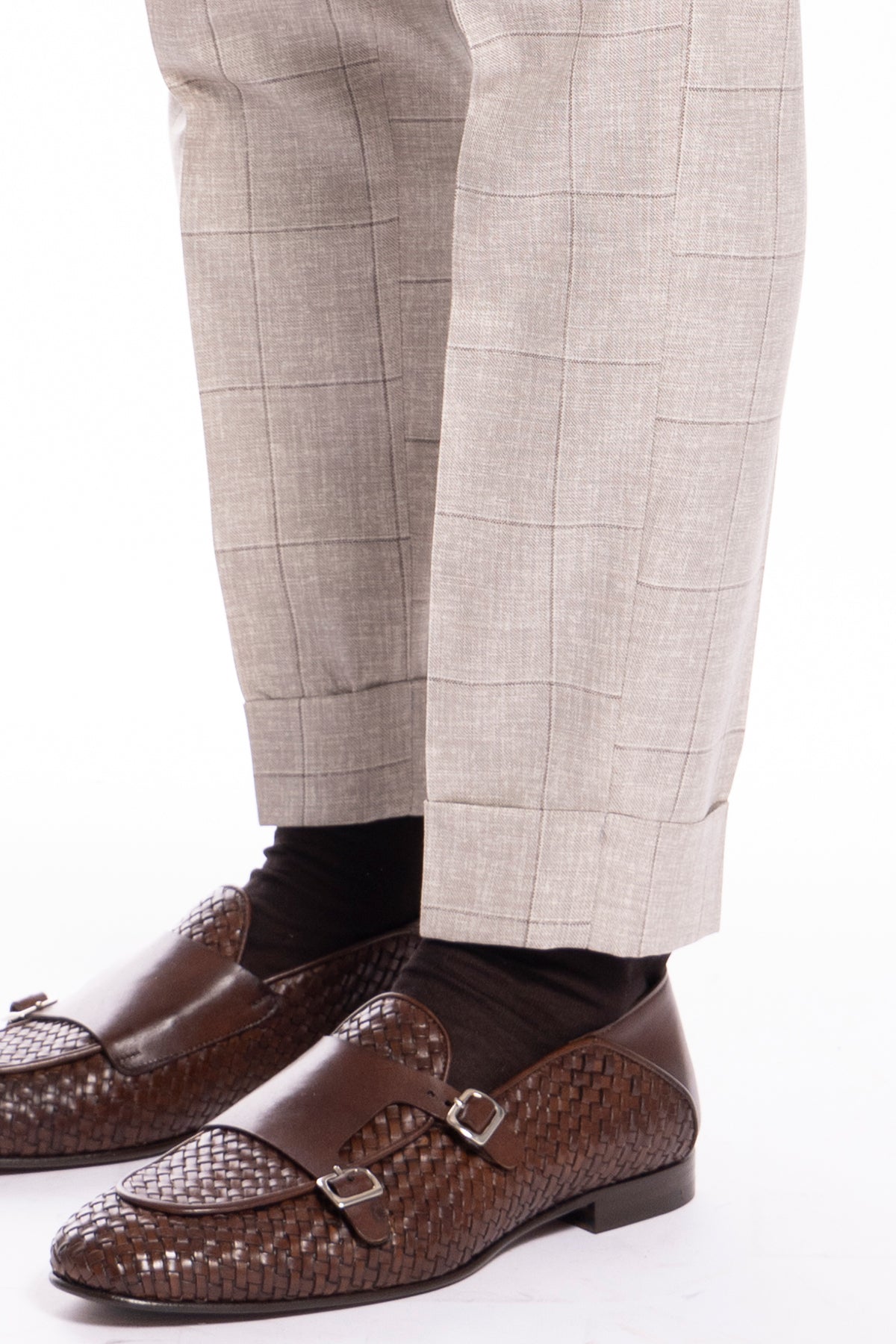 Pantalone uomo  beige fantasia quadri fresco lana super 130's vita alta fibbie laterali e risvolto 5cm Vitale Barberis Canonico