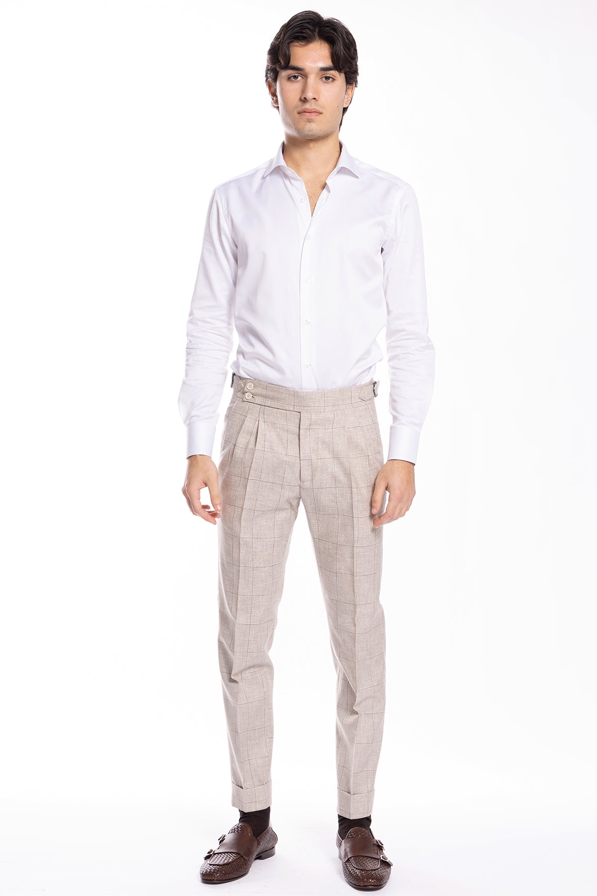 Pantalone uomo  beige fantasia quadri fresco lana super 130's vita alta fibbie laterali e risvolto 5cm Vitale Barberis Canonico