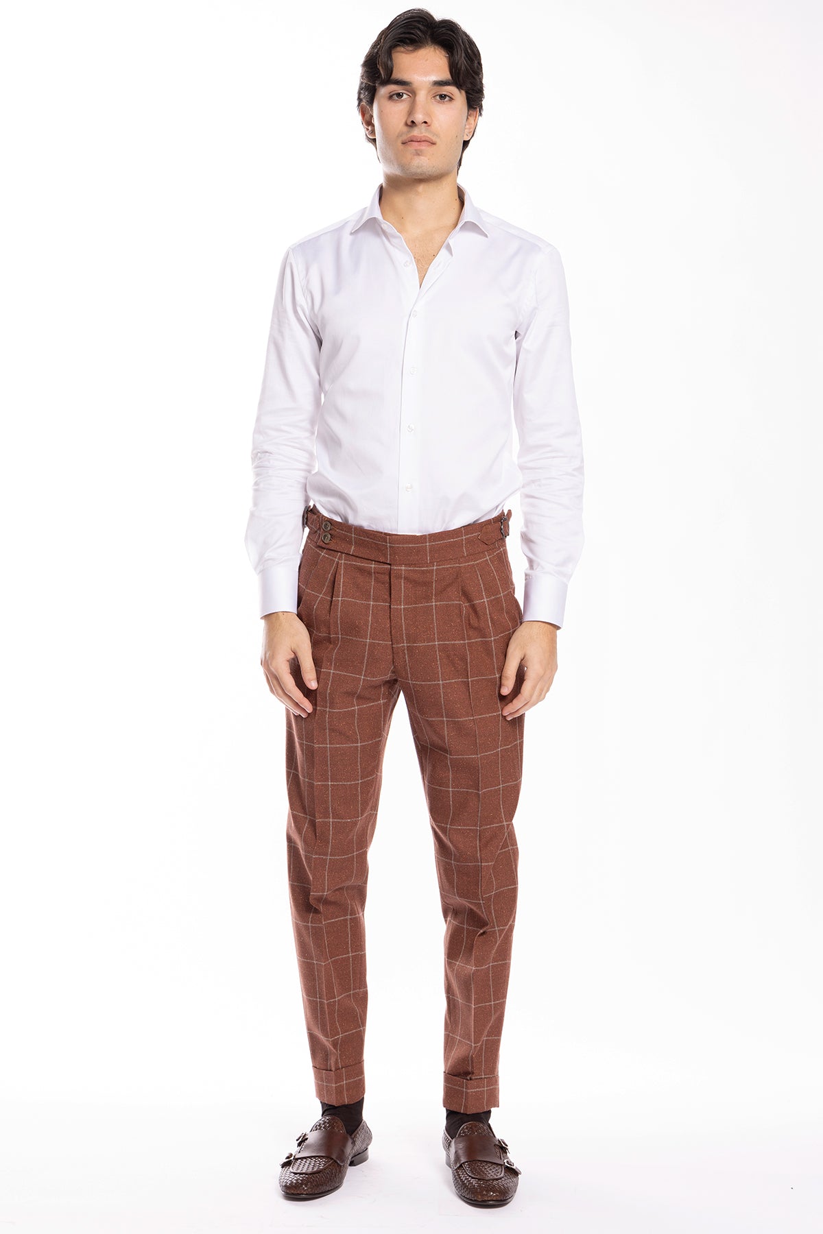 Pantalone uomo arancio fantasia quadri in fresco lana e seta Vitale Barberis Canonico vita alta fibbie laterali e risvolto 5cm
