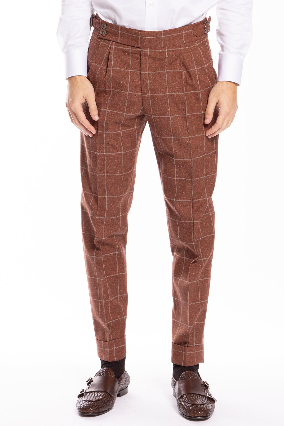 Pantalone uomo arancio fantasia quadri in fresco lana e seta Vitale Barberis Canonico vita alta fibbie laterali e risvolto 5cm