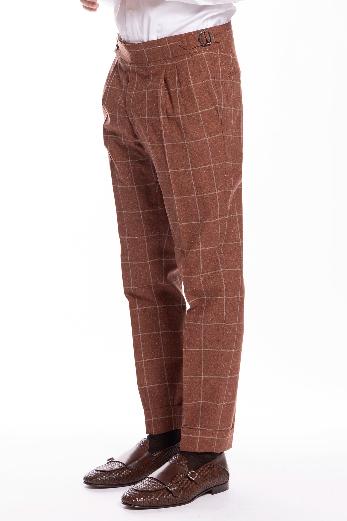 Pantalone uomo arancio fantasia quadri in fresco lana e seta Vitale Barberis Canonico vita alta fibbie laterali e risvolto 5cm