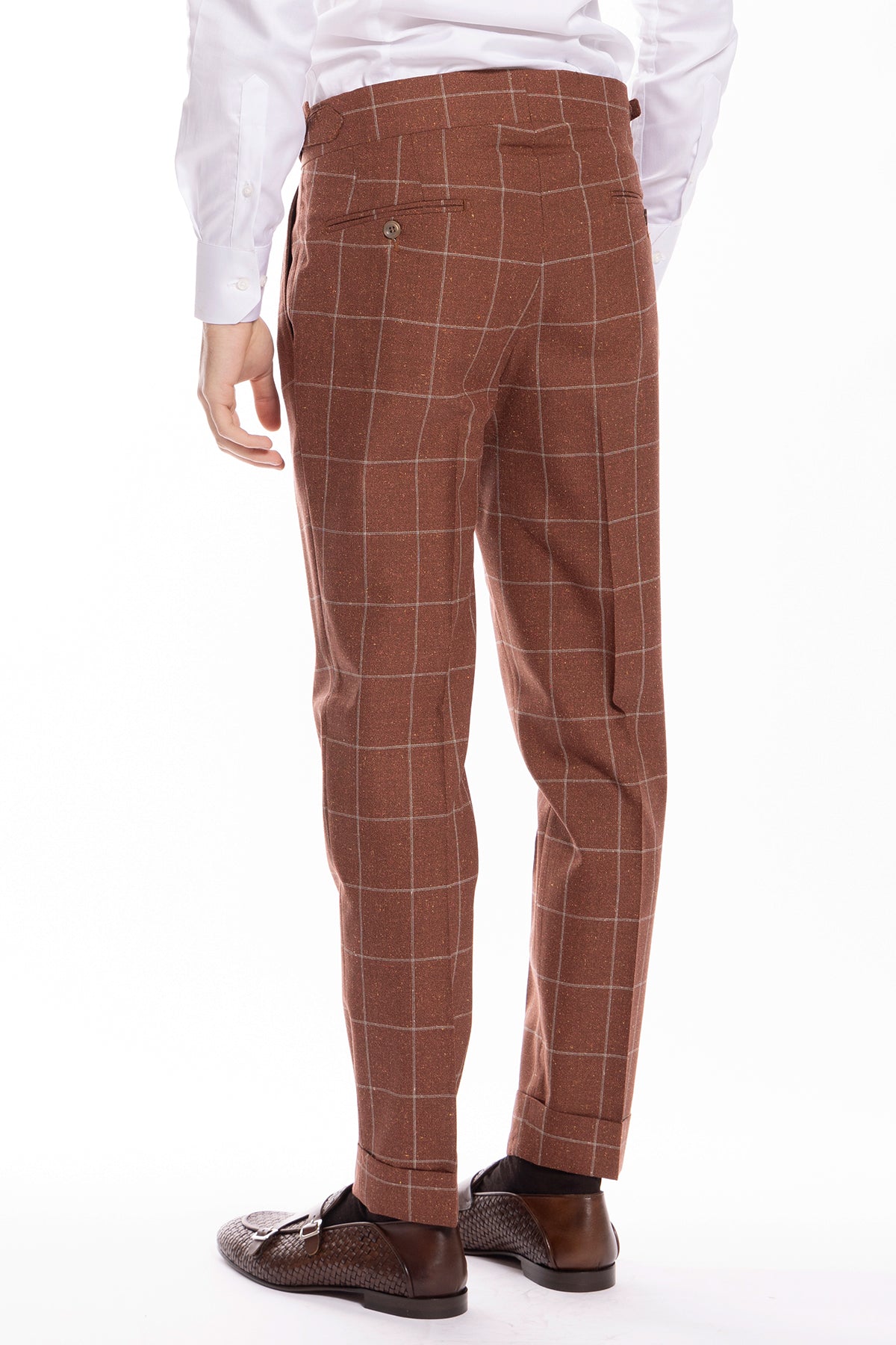 Pantalone uomo arancio fantasia quadri in fresco lana e seta Vitale Barberis Canonico vita alta fibbie laterali e risvolto 5cm