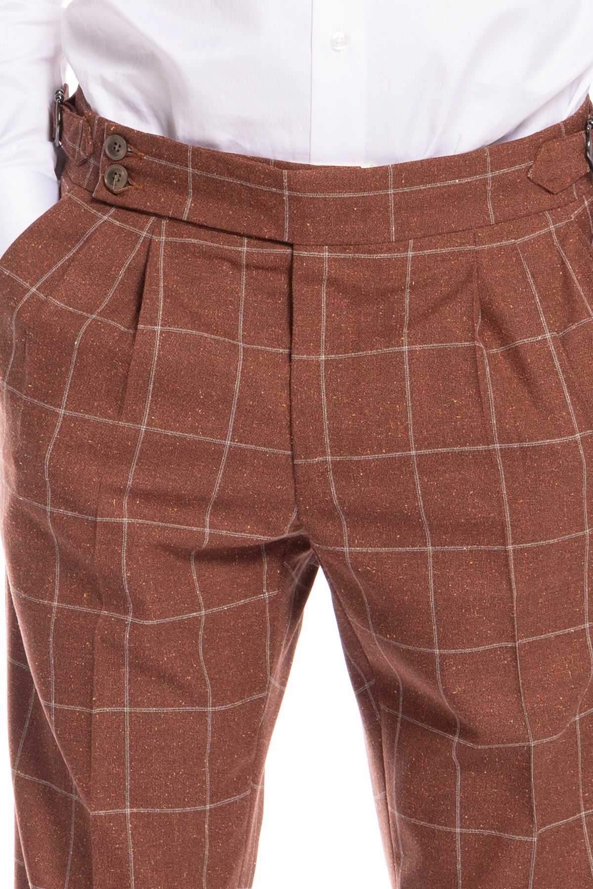 Pantalone uomo arancio fantasia quadri in fresco lana e seta Vitale Barberis Canonico vita alta fibbie laterali e risvolto 5cm