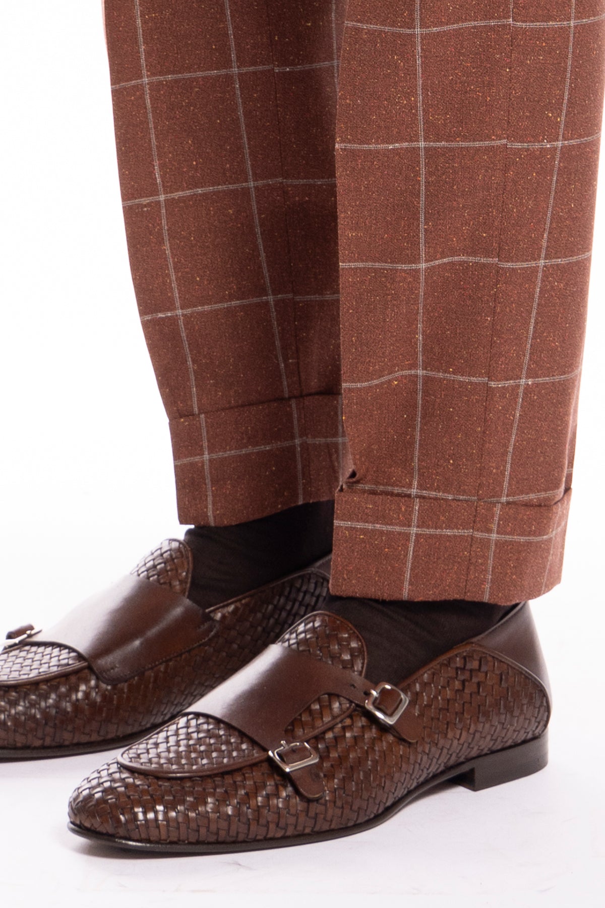 Pantalone uomo arancio fantasia quadri in fresco lana e seta Vitale Barberis Canonico vita alta fibbie laterali e risvolto 5cm