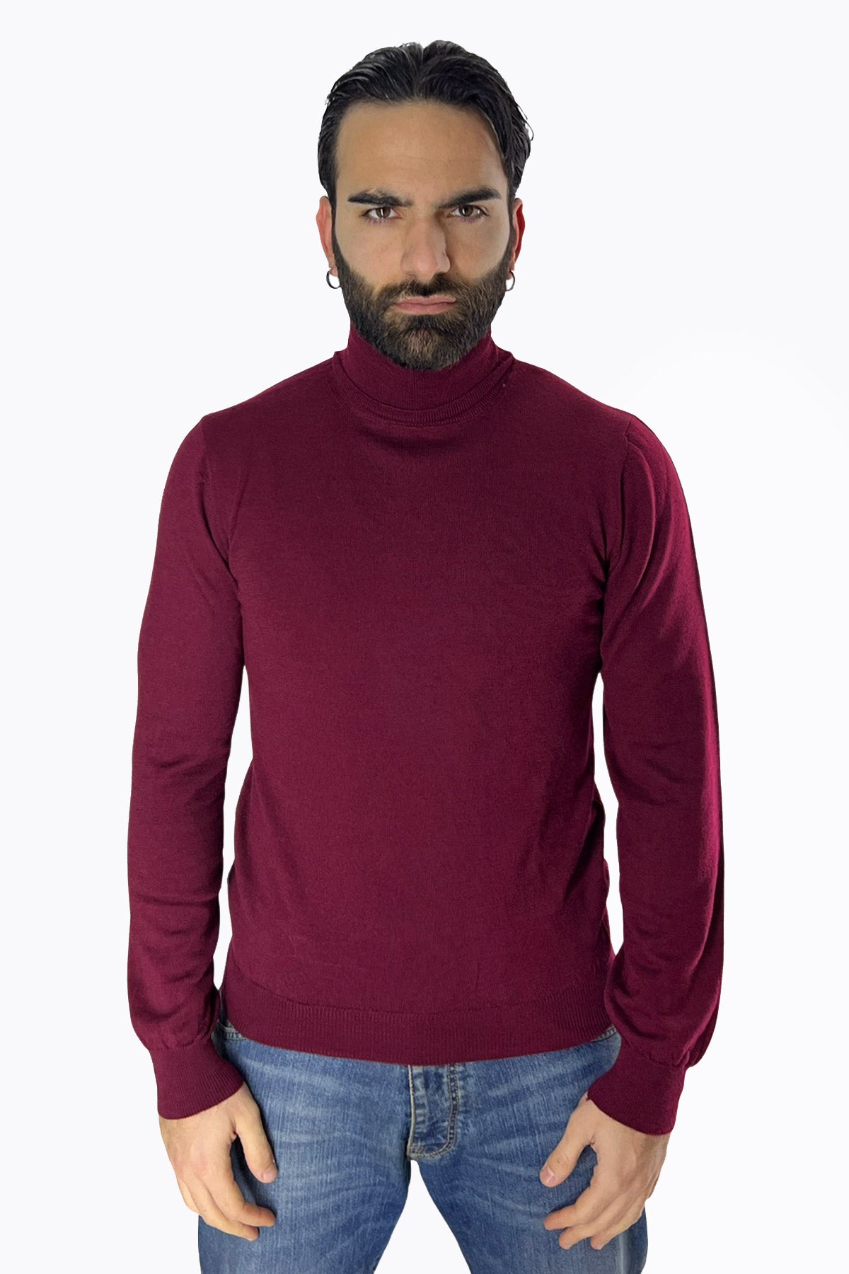 Maglioncino collo alto da uomo bordeaux 100% lana merinos slim fit made in Italy