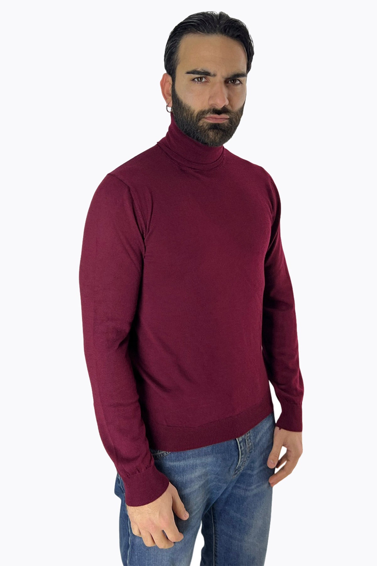 Maglioncino collo alto da uomo bordeaux 100% lana merinos slim fit made in Italy
