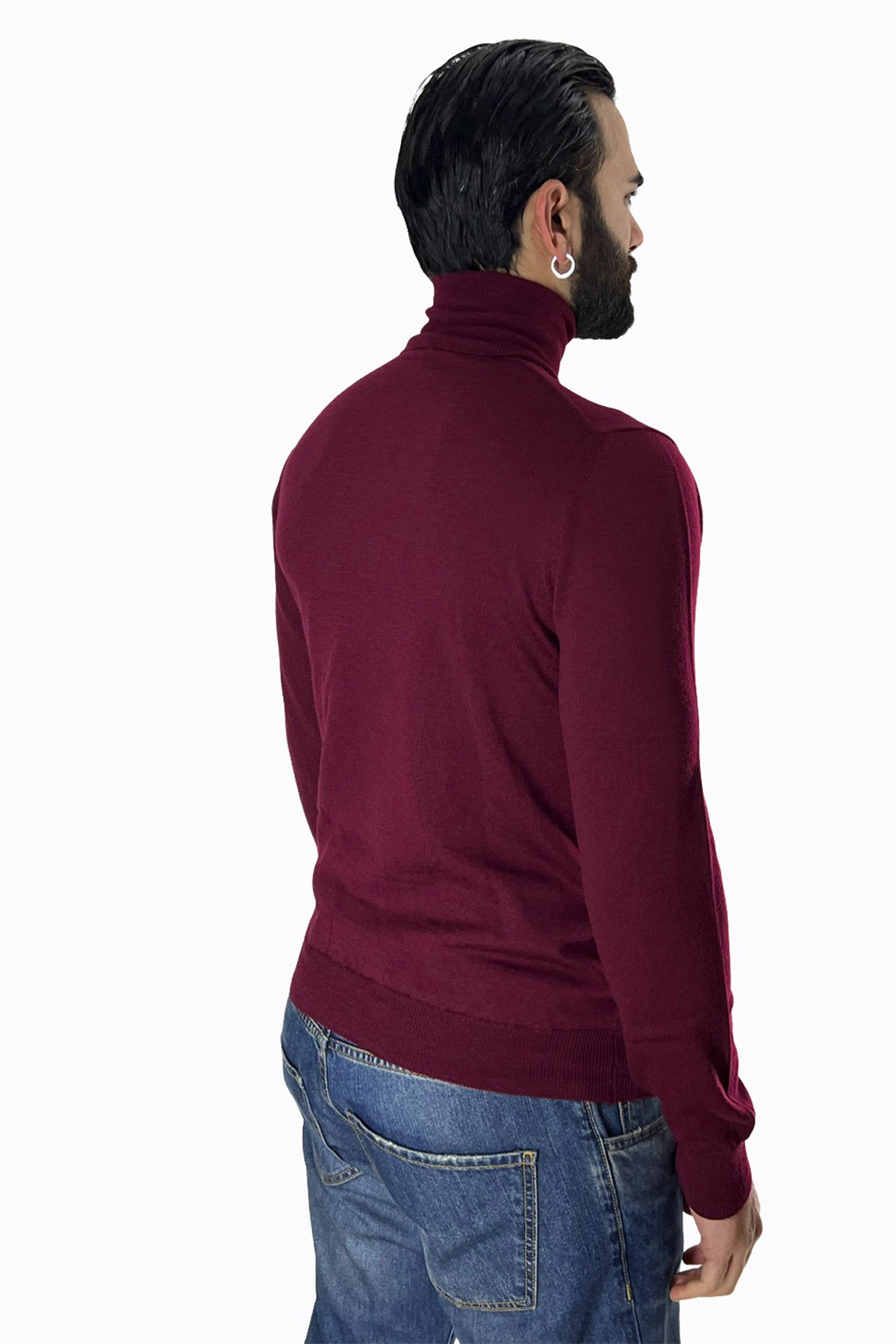 Maglioncino collo alto da uomo bordeaux 100% lana merinos slim fit made in Italy