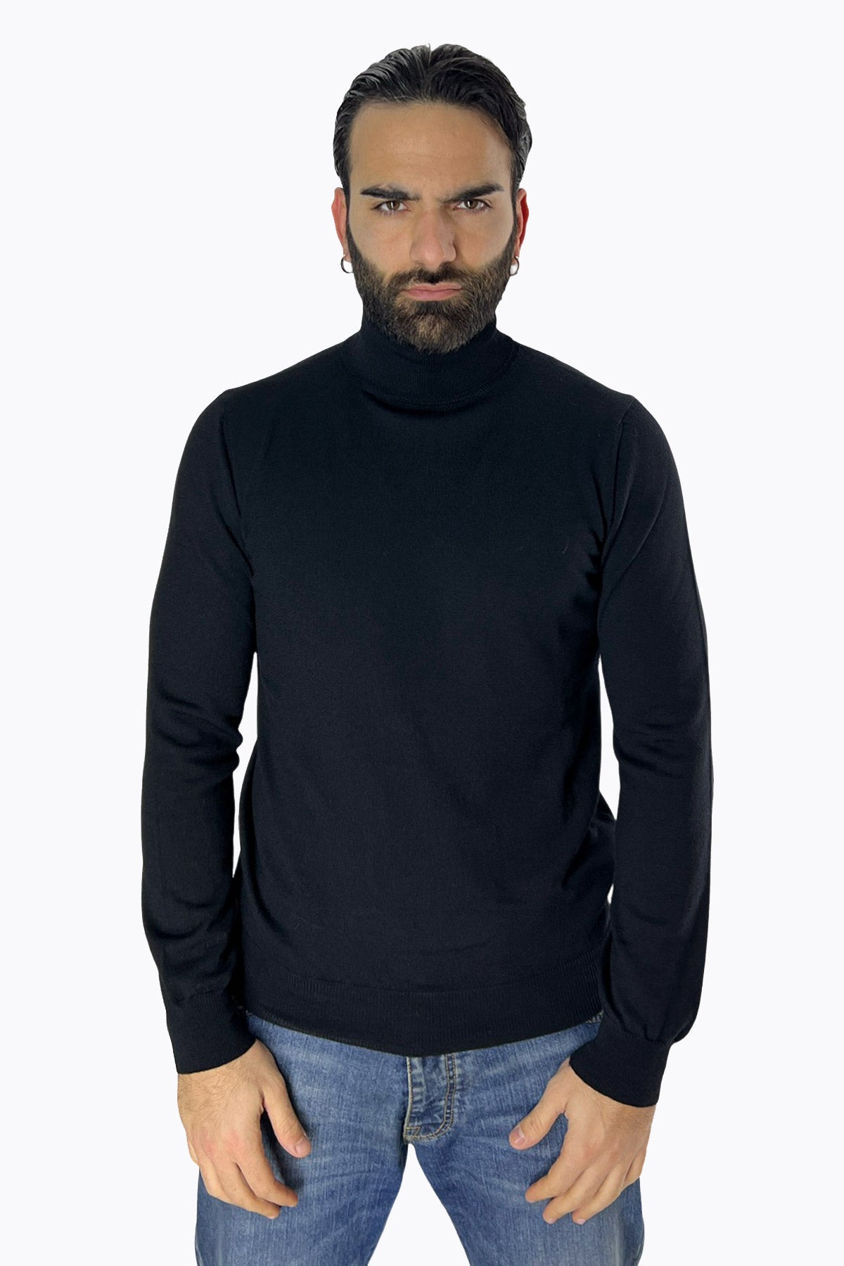 Maglioncino collo alto da uomo nero 100% lana merinos slim fit made in Italy