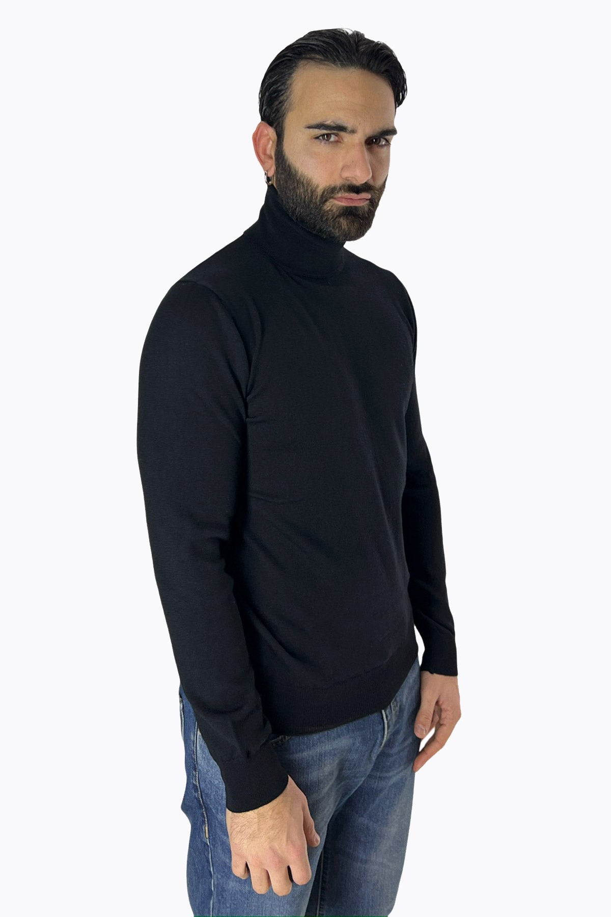 Maglioncino collo alto da uomo nero 100% lana merinos slim fit made in Italy