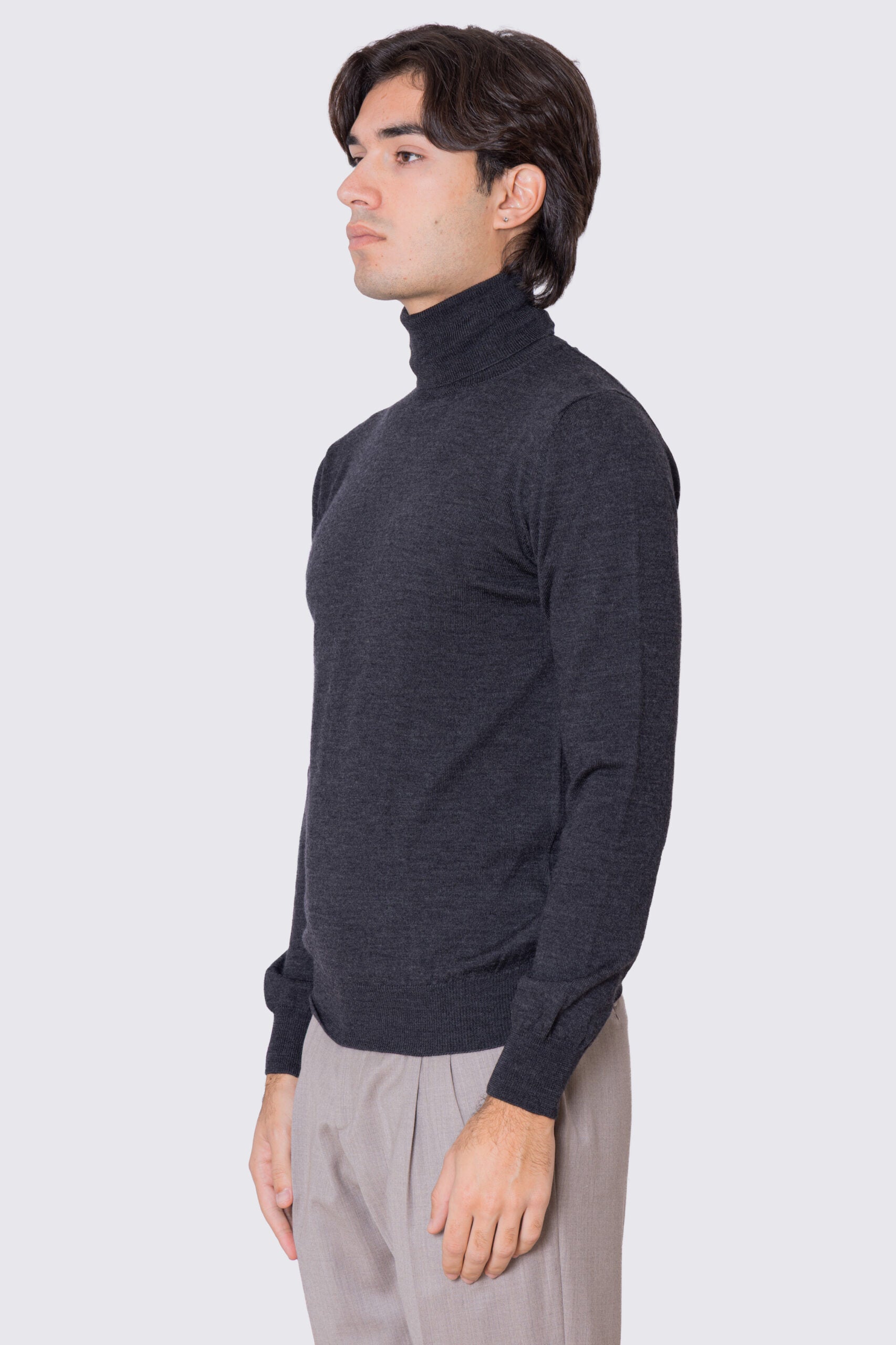 Maglioncino collo alto da uomo Grigio 100% lana merinos slim fit made in Italy