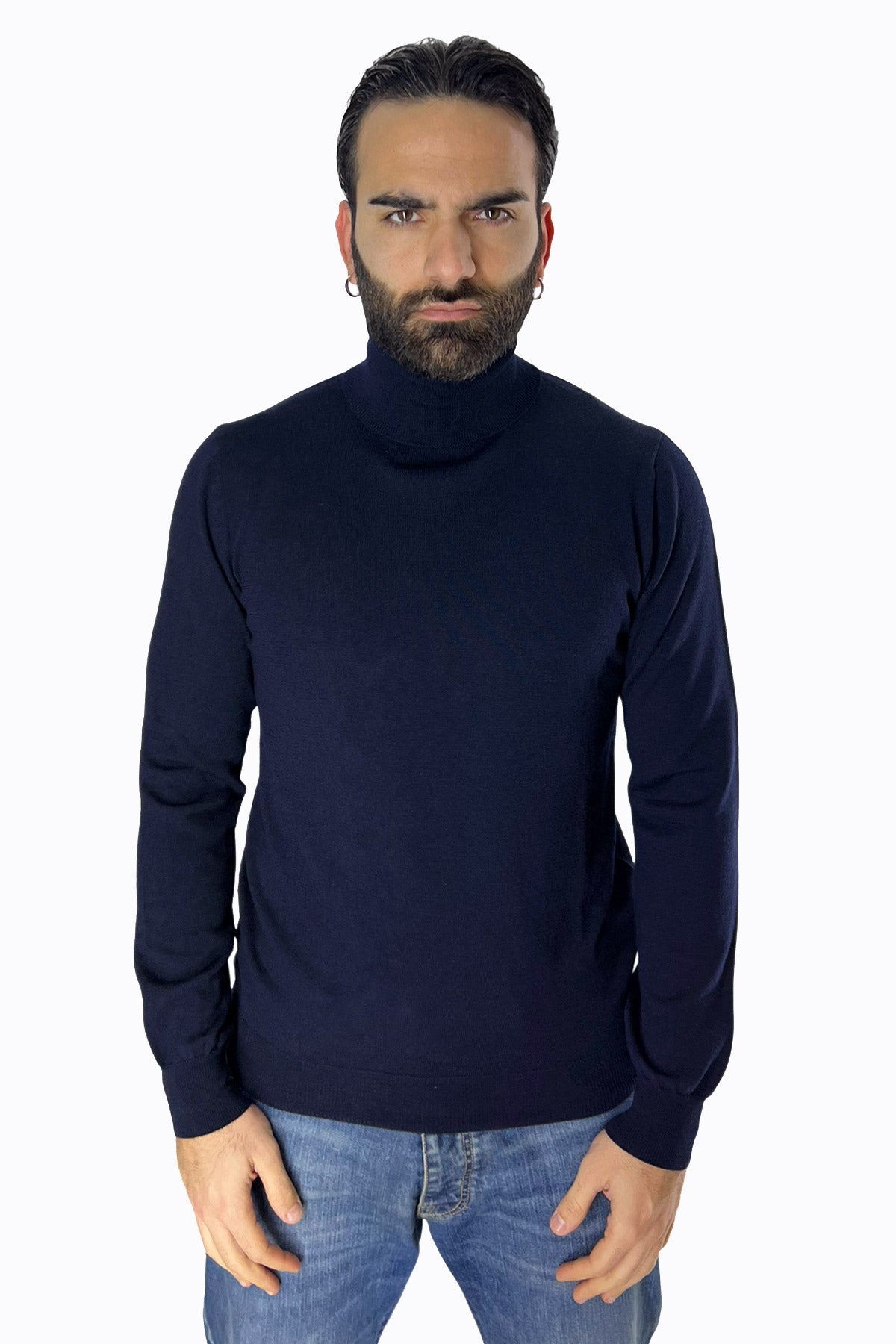 Maglioncino collo alto da uomo blu 100% lana merinos slim fit made in Italy
